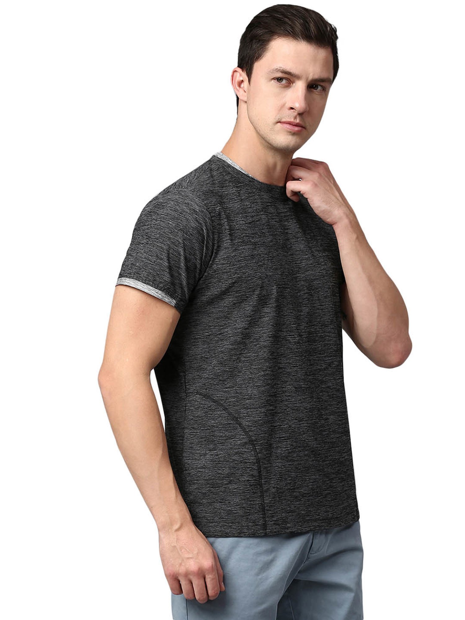 Slowave Dark Grey Regular Fit Self Design T-Shirt