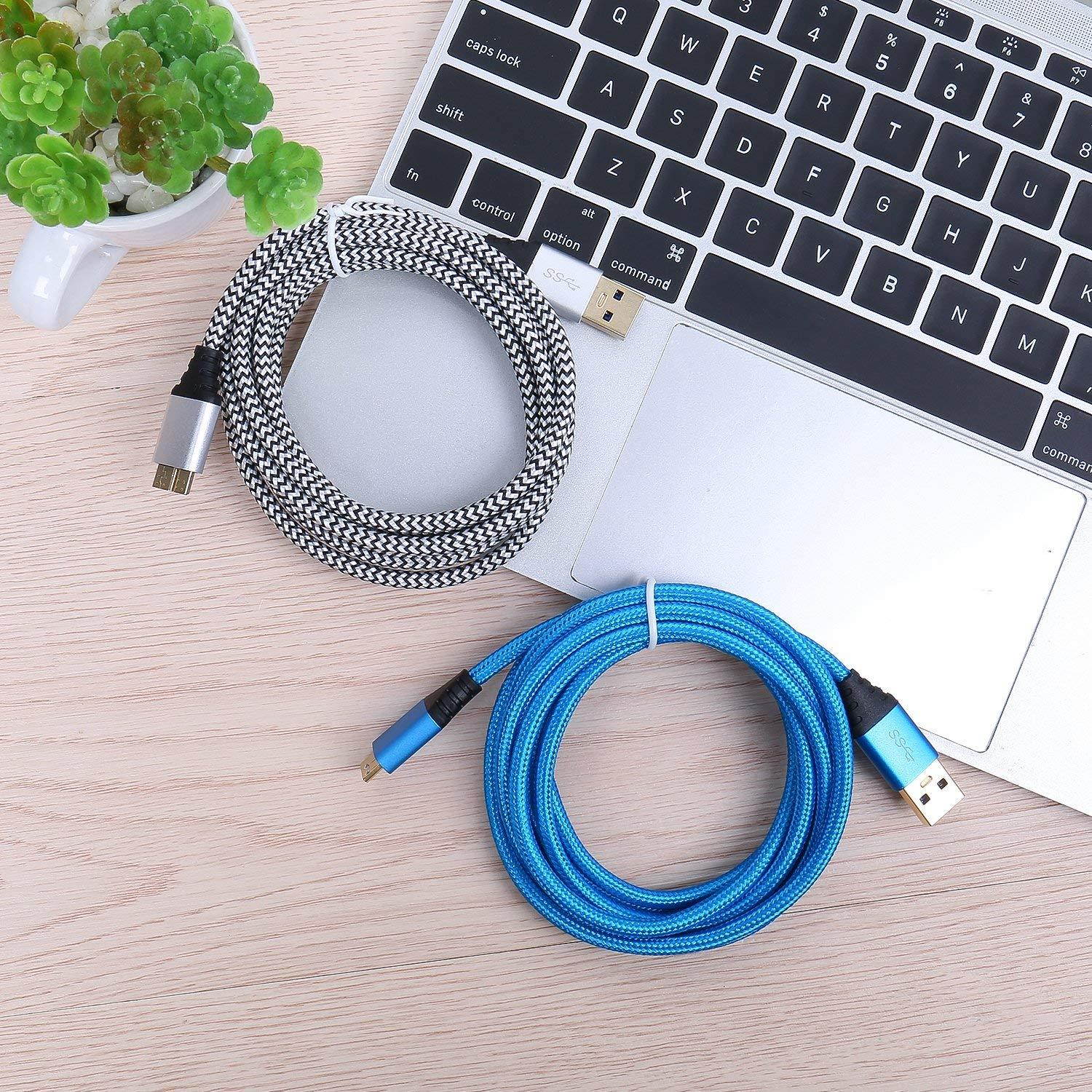 Galaxy S5/Note 3 Charger, Besgoods 2-Pack 6ft Braided USB 3.0 Type A to Micro-B Data Cable for External Hard Drive, Samsung Galaxy S5, Note 3, Tab Pro 12.2, Blue White