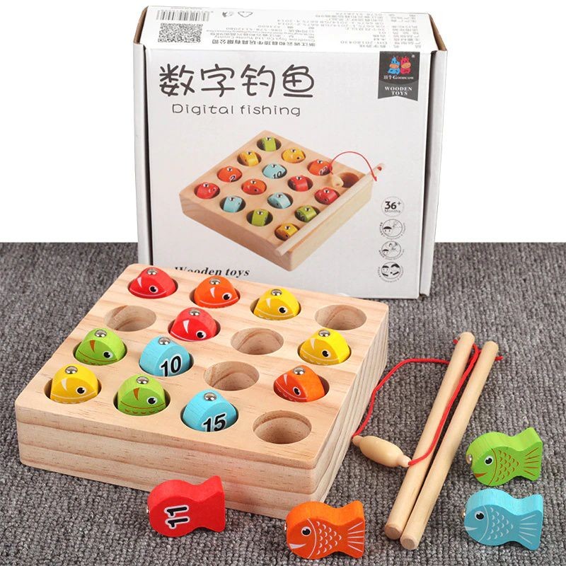 Kids wooden digital magnetic fishing game educational toys for children children's games fish toy magnet fishing for children