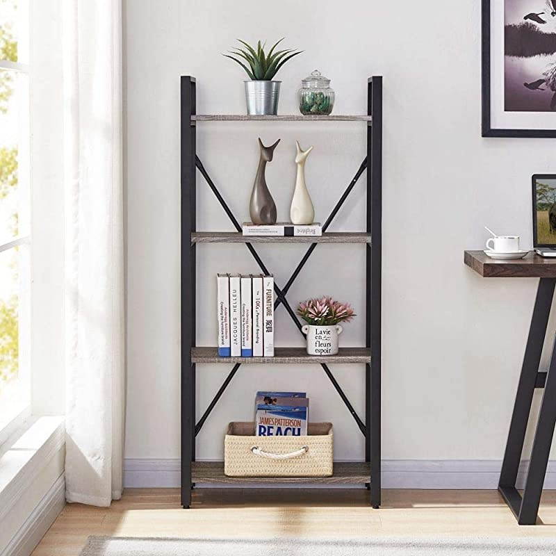 Bookshelf 4 Tier Bookcase Modern Narrow Book Shelf and Book Case Industrial Wood Shelving Unit for Living Room Dark Gray Oak