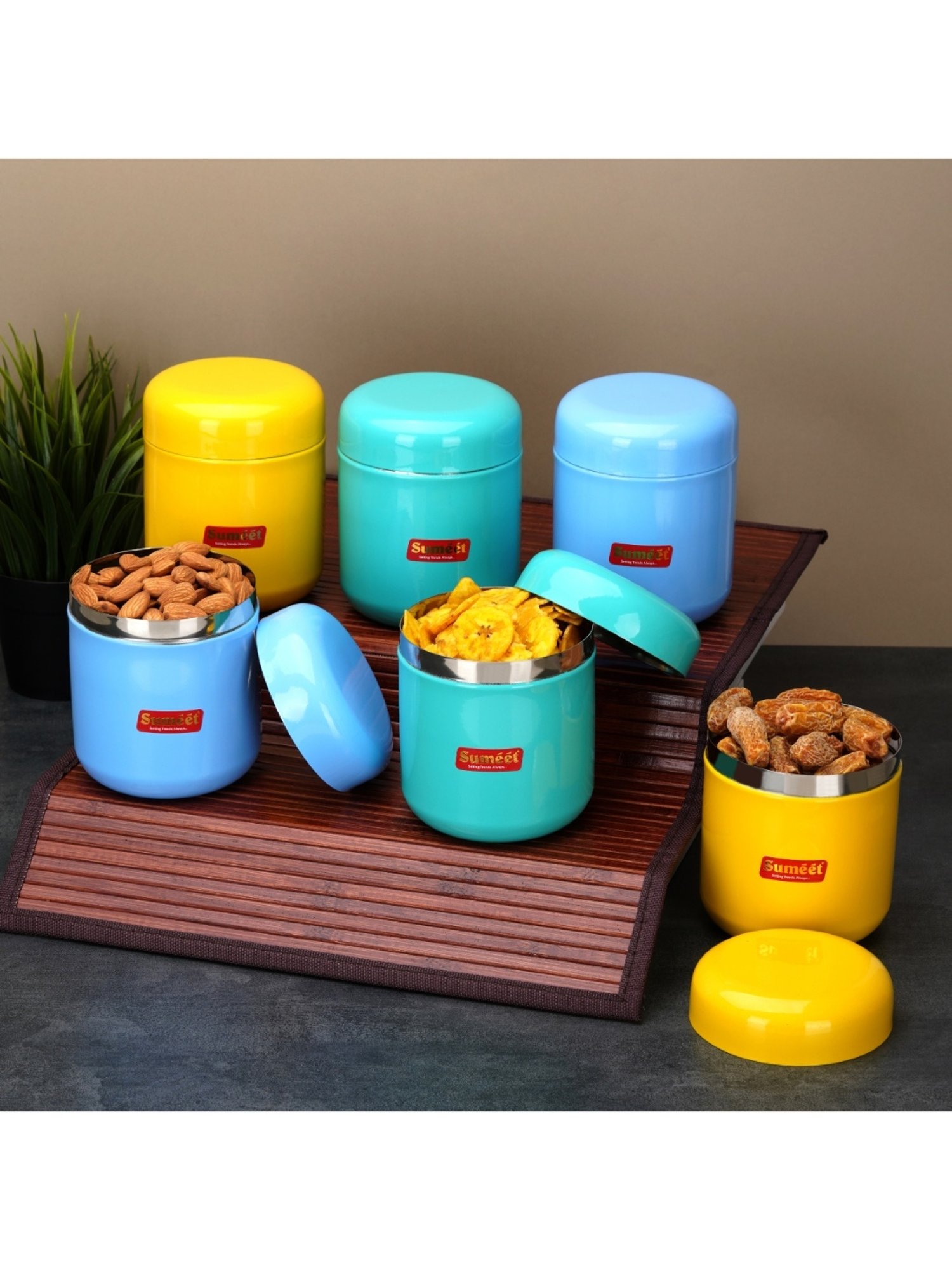 Sumeet S.S.Multi Color Small Canisters/Jars/Storage Containers set of 6Pc,350ml capacity each,7.5cm