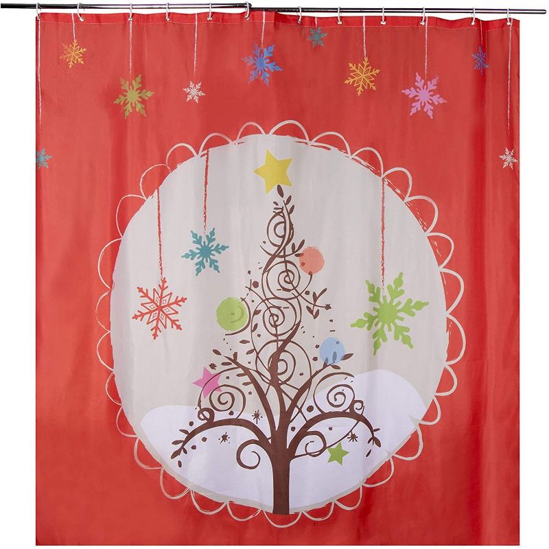 Juvale Christmas Tree Shower Curtain with Hooks, Holiday Bathroom Decor (71x71 in)