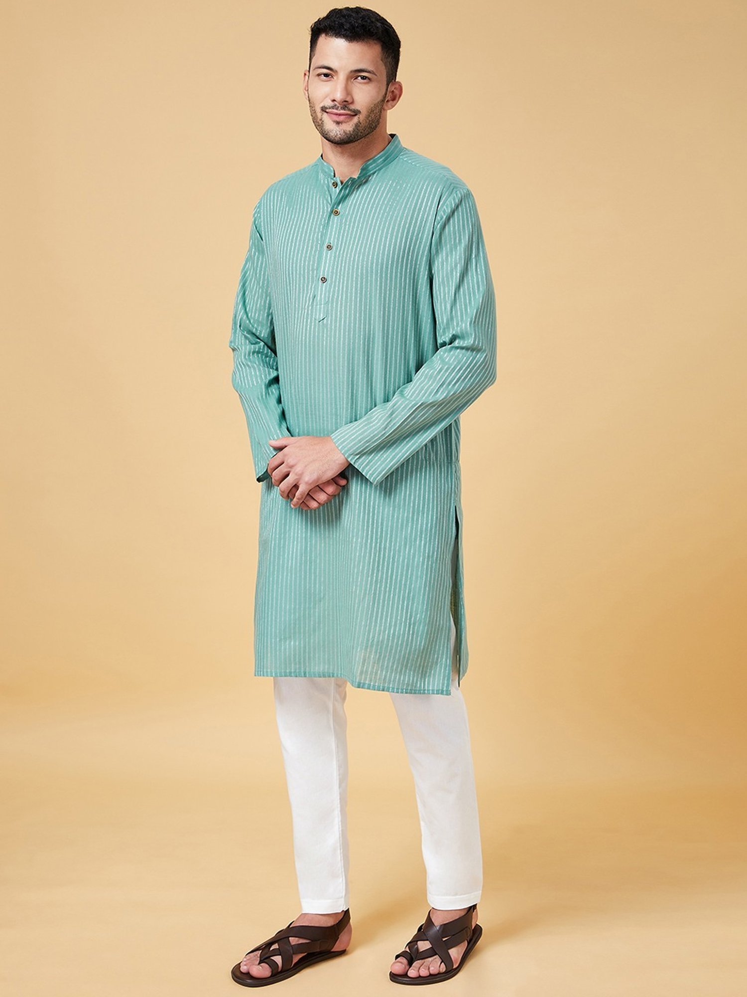 Indus Route By Pantaloons Sea Green Cotton Regular Fit Striped Kurta