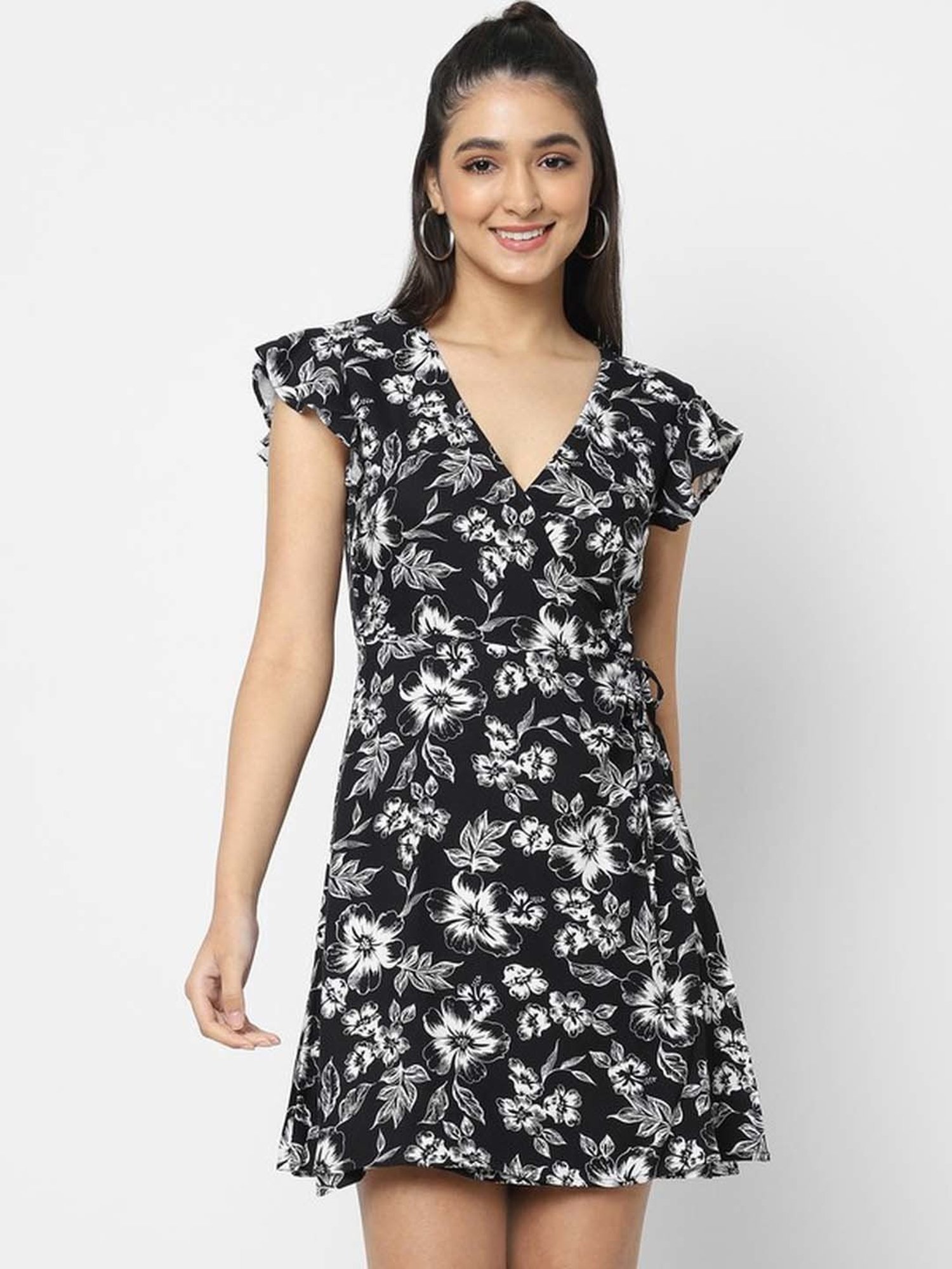 VASTRADO Black Floral Print A-Line Wrap Dress