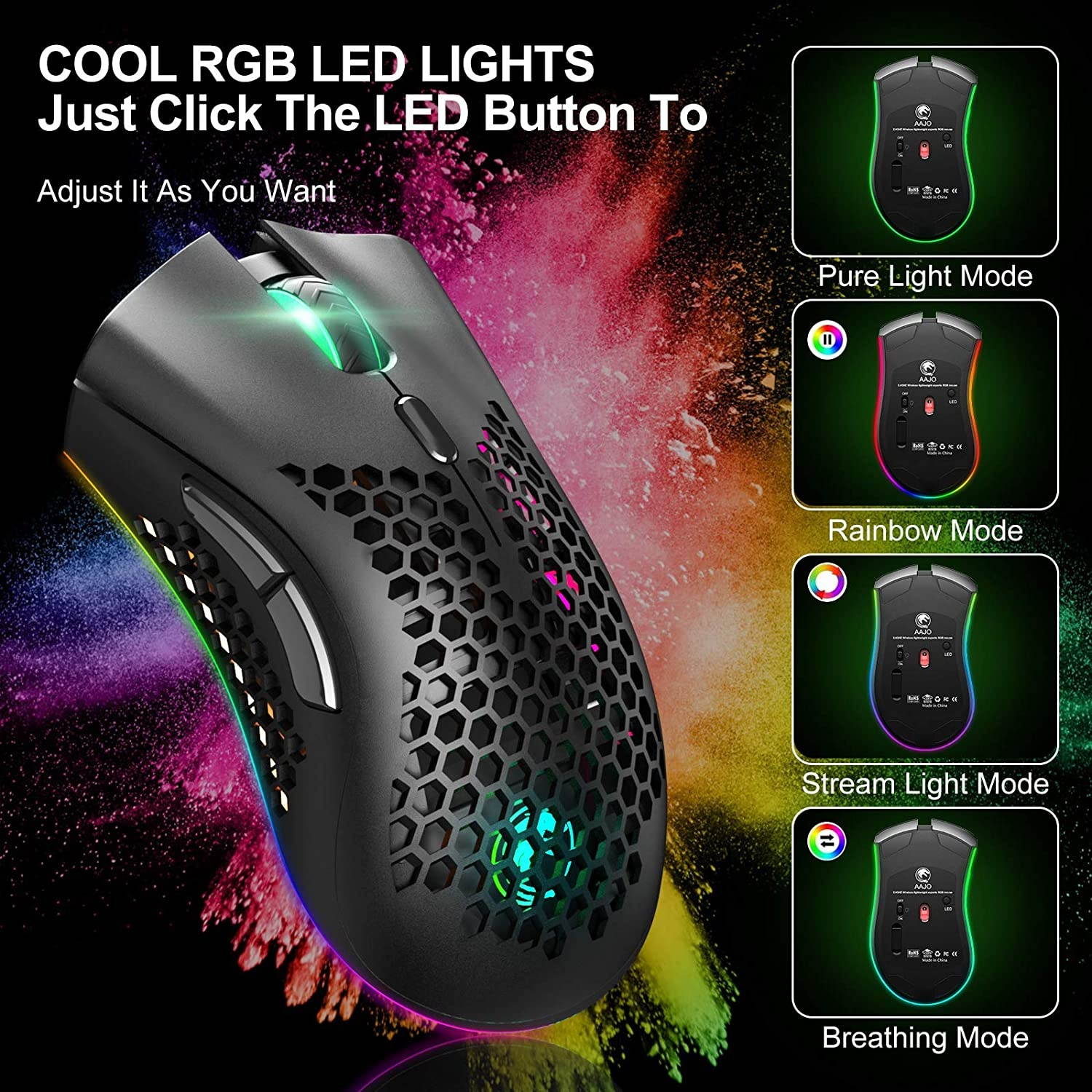 Gaming Mouse Wireless Rechargeable USB Mouse Gaming RGB Chroma Backlit Mouse Hyperspeed Comfortable Grip Ergonomic Optical Mice with Honeycomb Shell for PC Computer Laptop