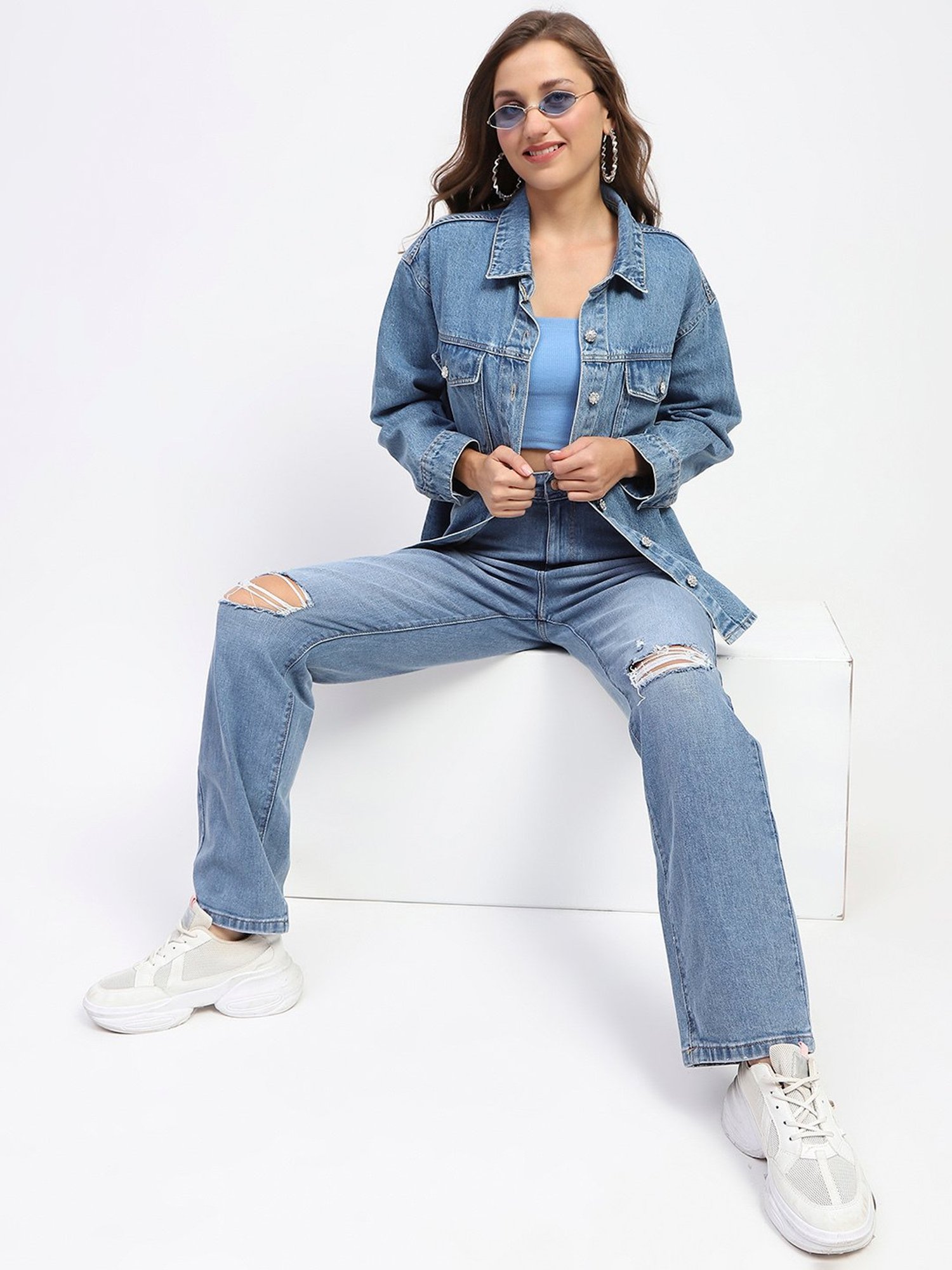 MADAME Blue Cotton Regular Fit Denim Jacket