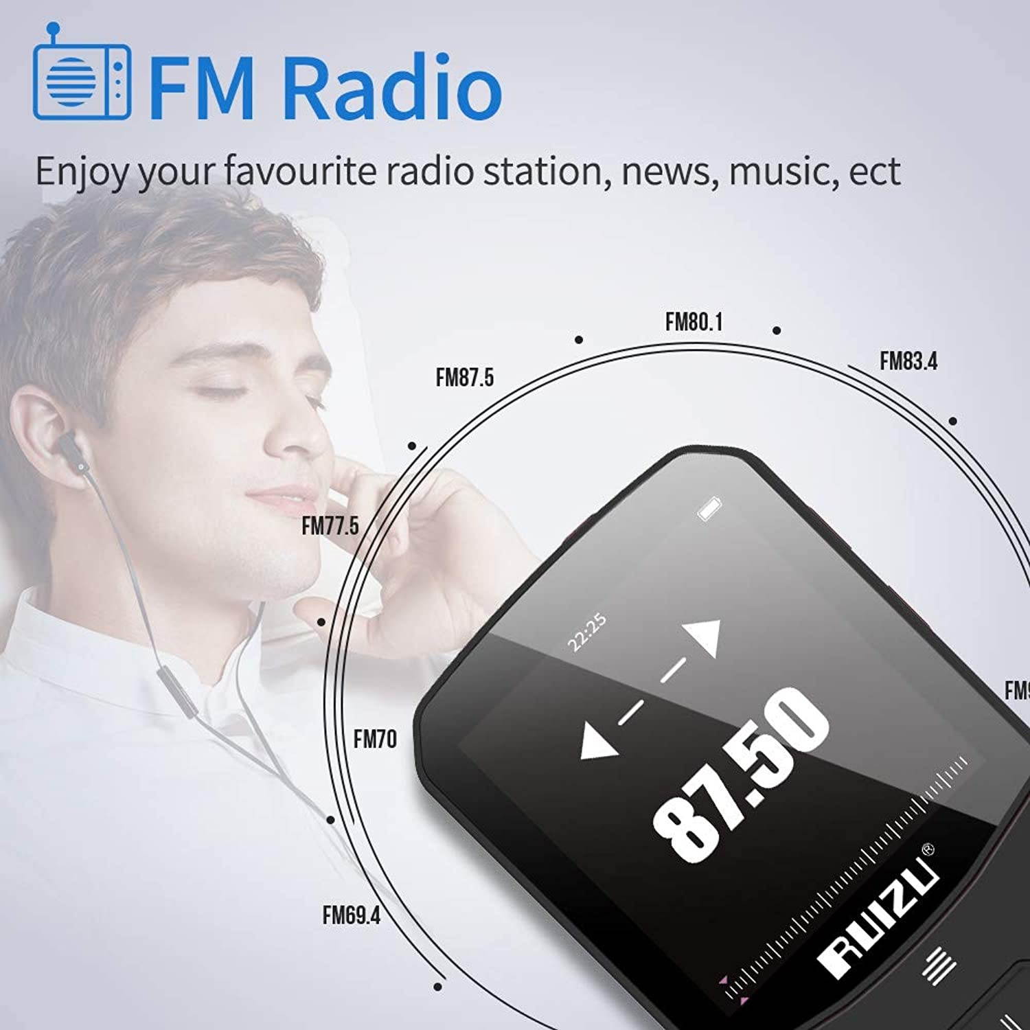 Clip Mp3 Player with Bluetooth 4.1, 8GB Lossless Sound Music Player with FM Radio Voice Recorder Video Earphones for Running, Support up to 128GB(Black)