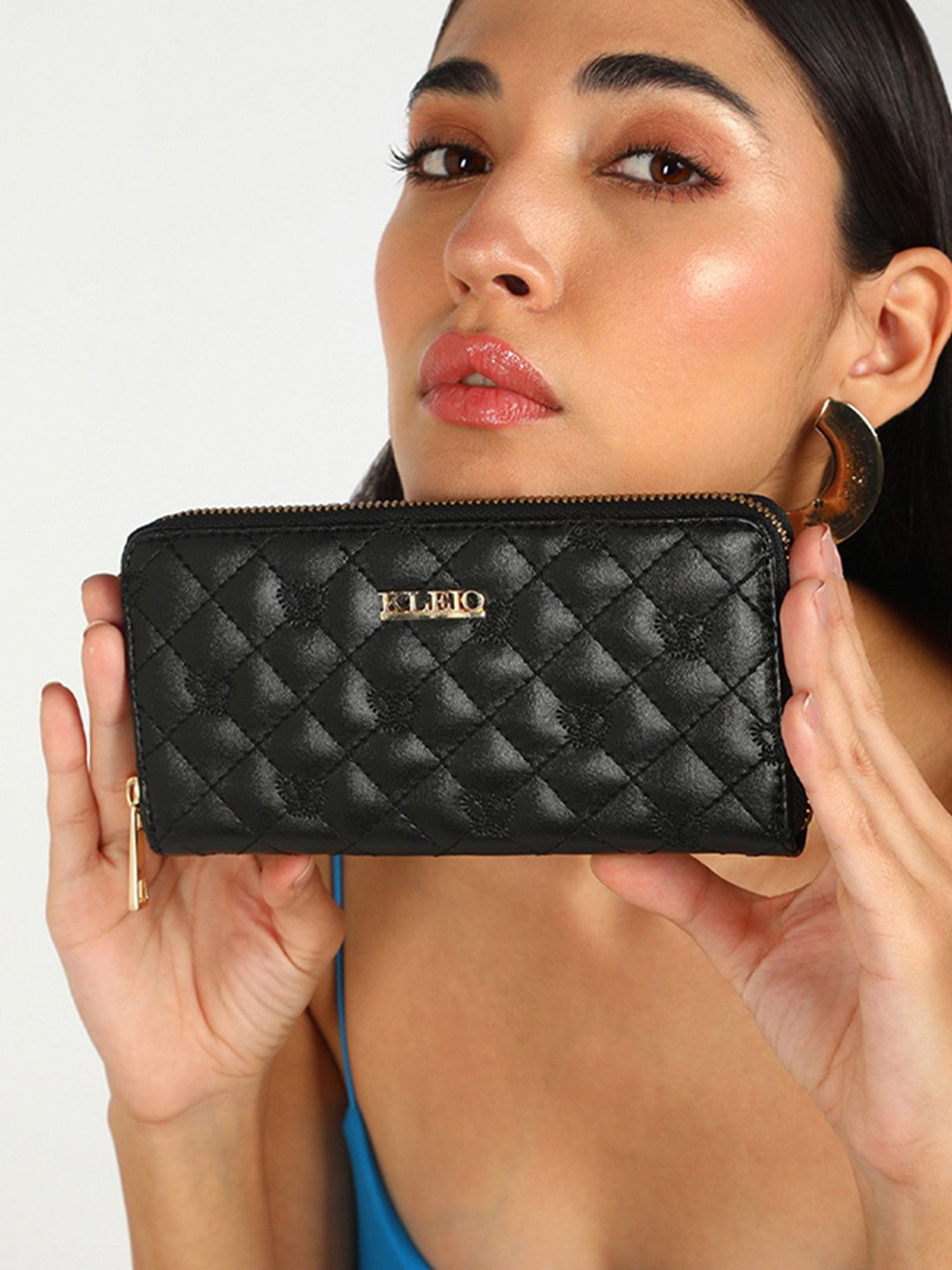 KLEIO Black Quilted Zip Around Wallet for Women