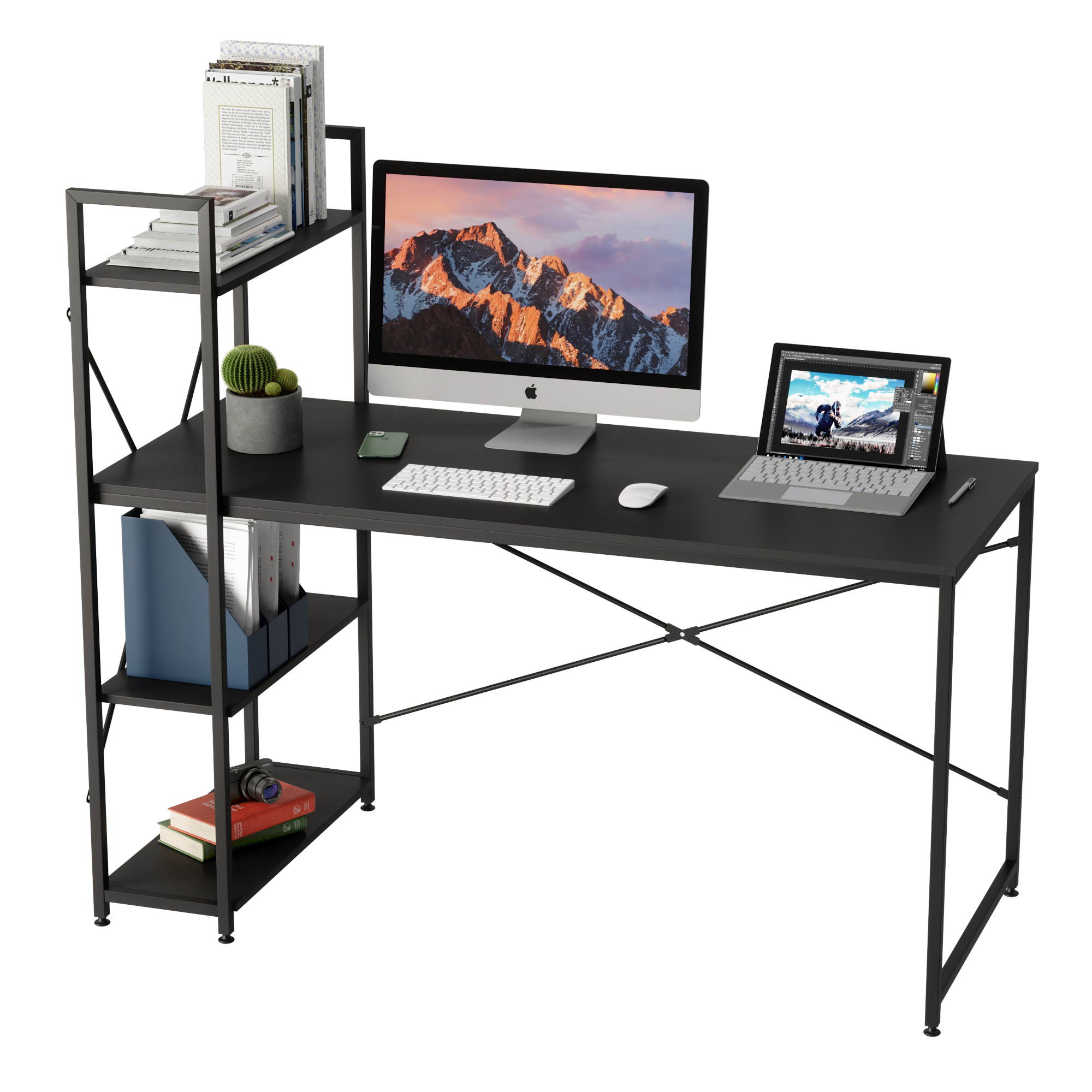 Bestier 63 Inch Computer Desk with Storage Shelves, Modern Bookshelf Desk with Headphone Hook Large Workstation Writing Desk with Reversible Bookshelves Home Office Work Table Study Desk Grey