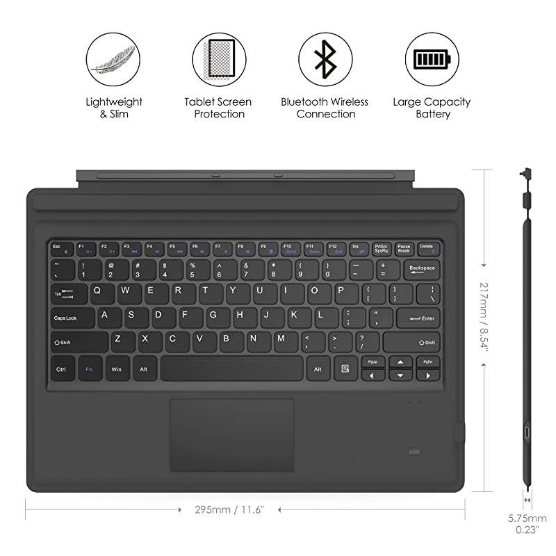 Type Cover Fits Microsoft Surface Pro 7 Plus/Pro 7 / Pro 6 / Pro 5 / Pro 4 /Pro 3, Lightweight Slim Wireless Bluetooth Keyboard with Two Button Trackpad and Built-in Rechargeable Battery, Gray