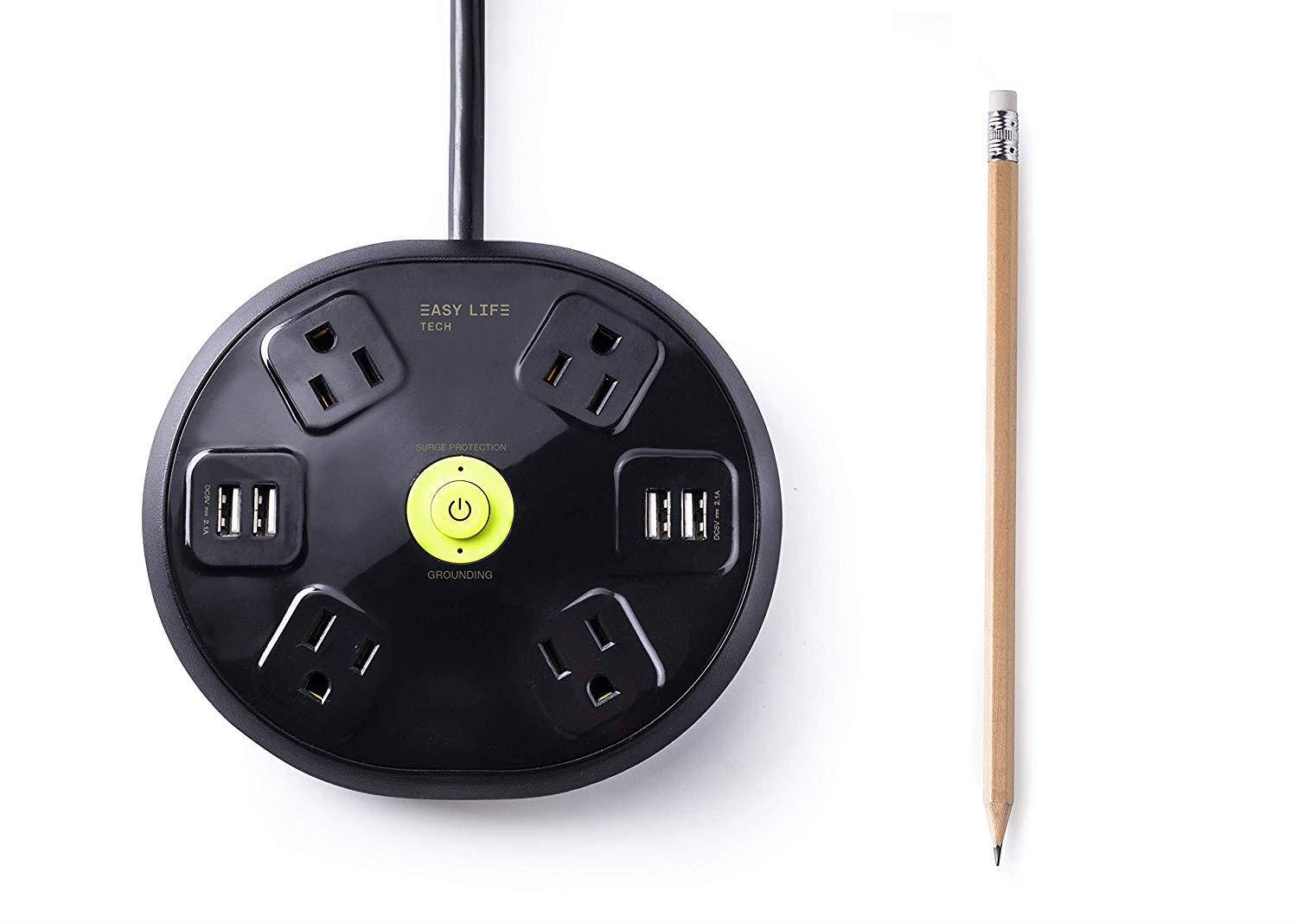 Easylife Tech Round Surge Protector Strip with 4 AC Outlets and 4 USB Ports 15 A / 125 V and 6 ft Heavy Duty Power Cord 1200 J Surge Protection &ndash; ETL Listed - Black