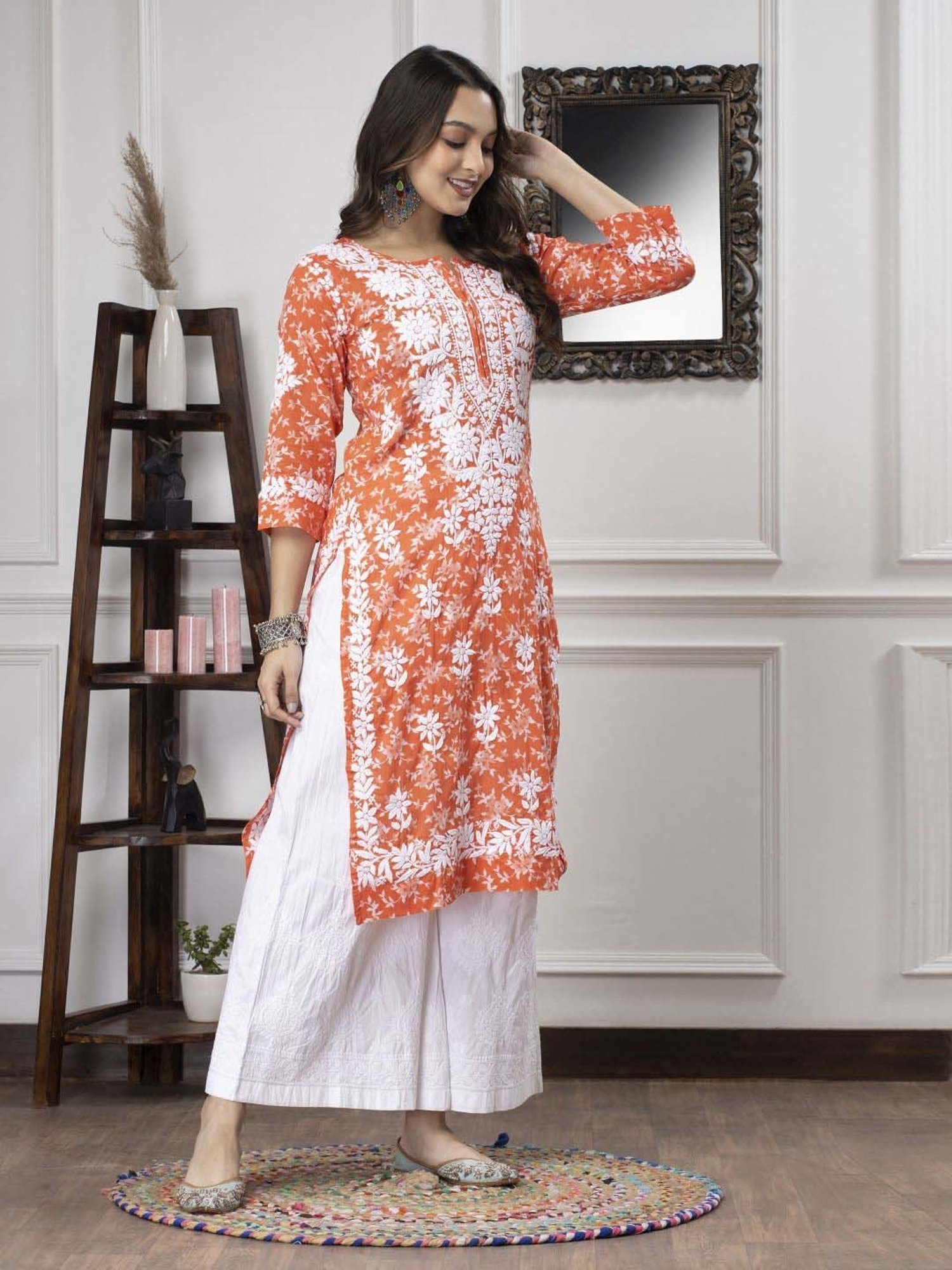 PARAMOUNT CHIKAN Neon Orange Cotton Chikankari Straight Kurta