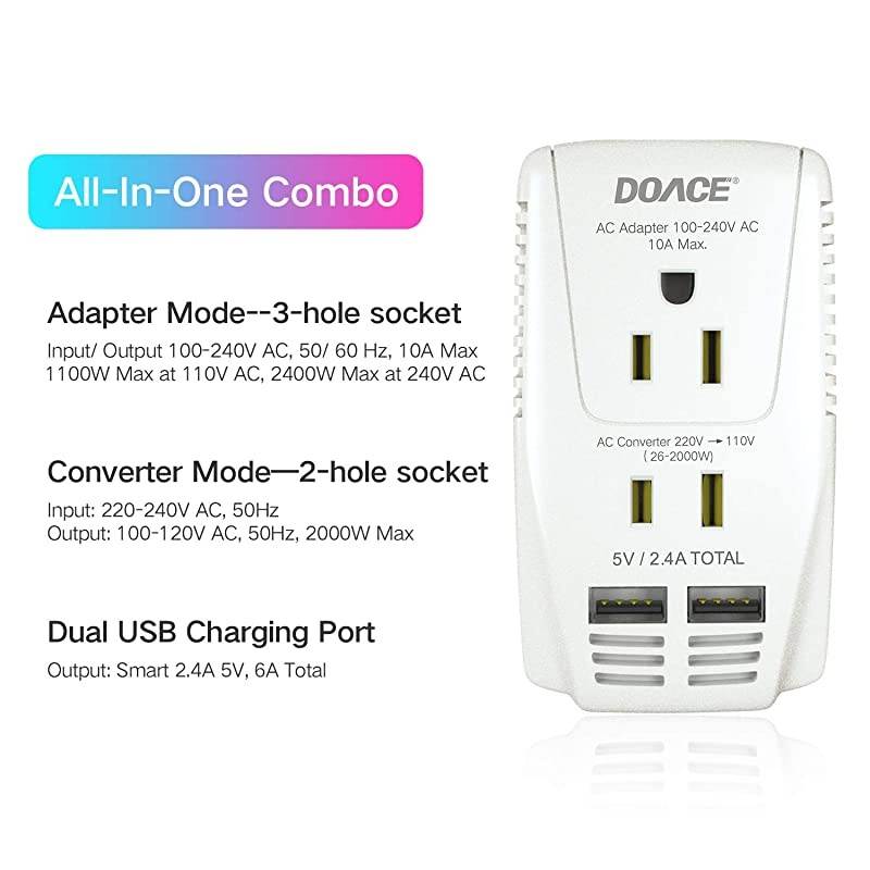 Upgraded  C11 2000W Travel Voltage Converter for Hair Dryer Straightener Curling Iron, Step Down 220V to 110V, 10A Power Adapter with 2 USB and EU/UK/AU/US Plugs for Laptop Camera Cell Phone