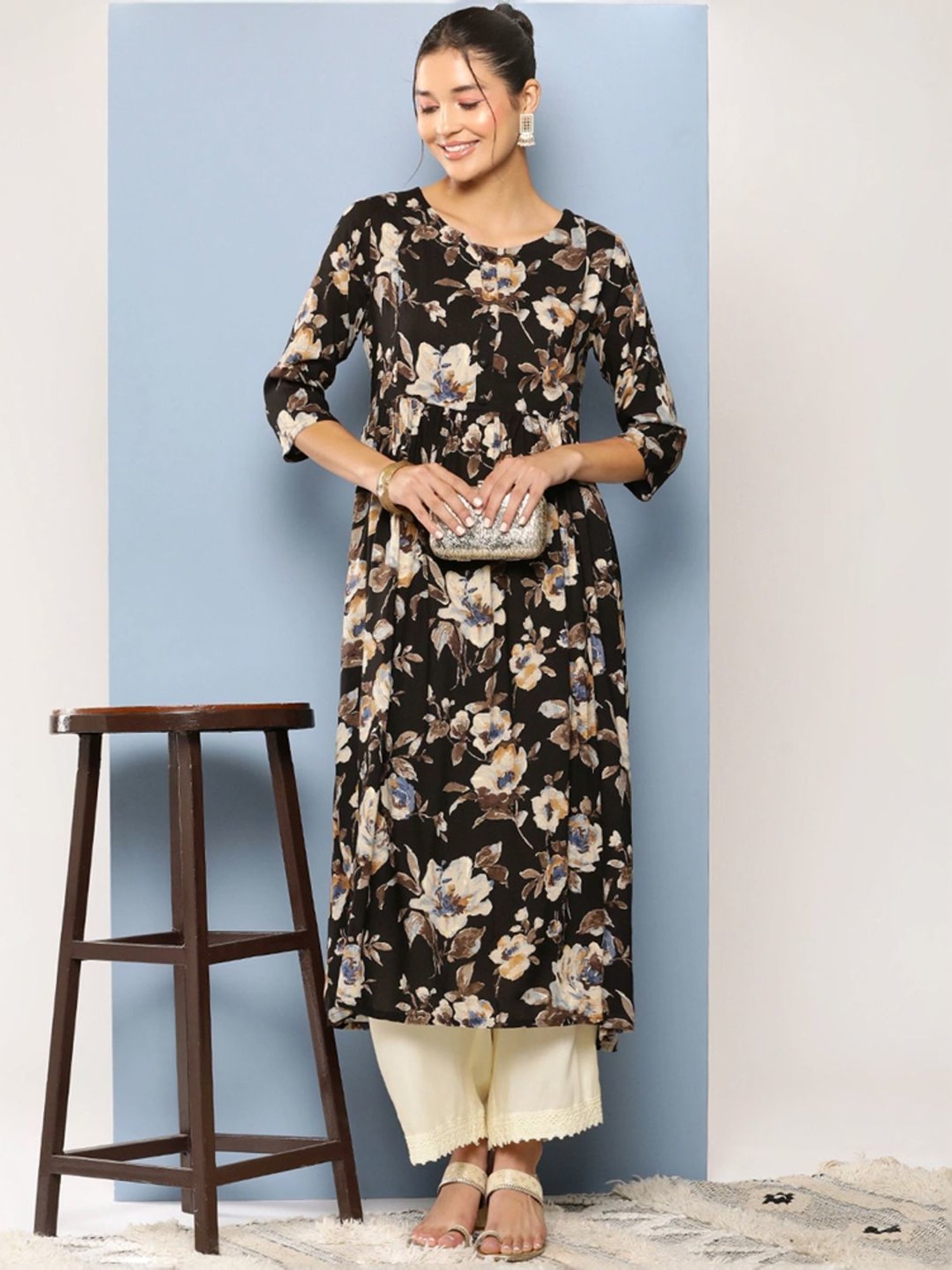 Aarika Black Floral Print A Line Kurta