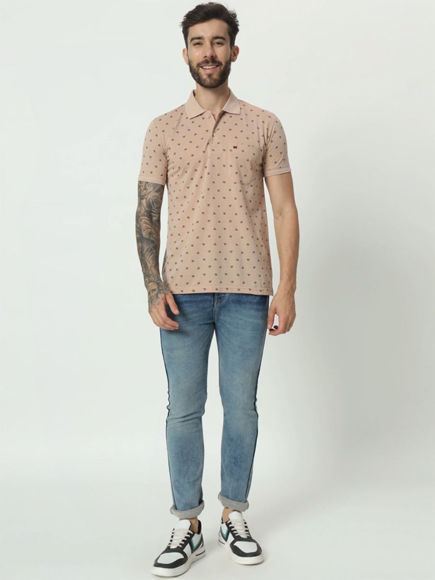 Tab91 Beige Regular Fit Printed Polo T-Shirts