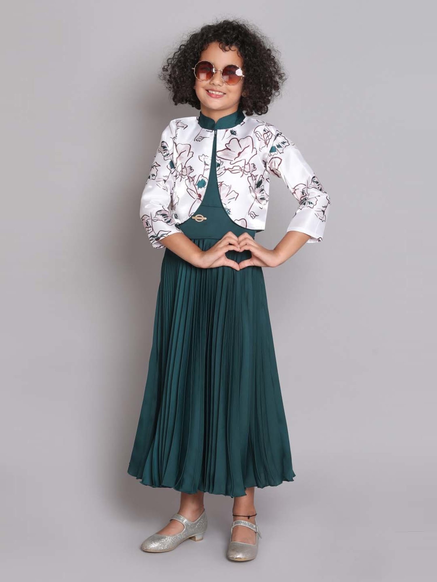 The Magic Wand Kids Green & White Floral Print Gown Set