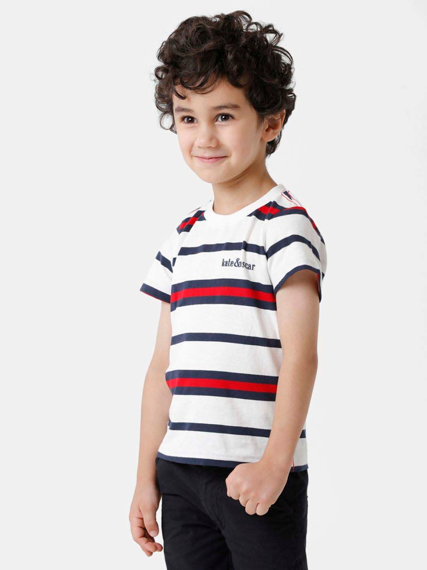 Kate & Oscar Kids White & Red Cotton Striped T-Shirt