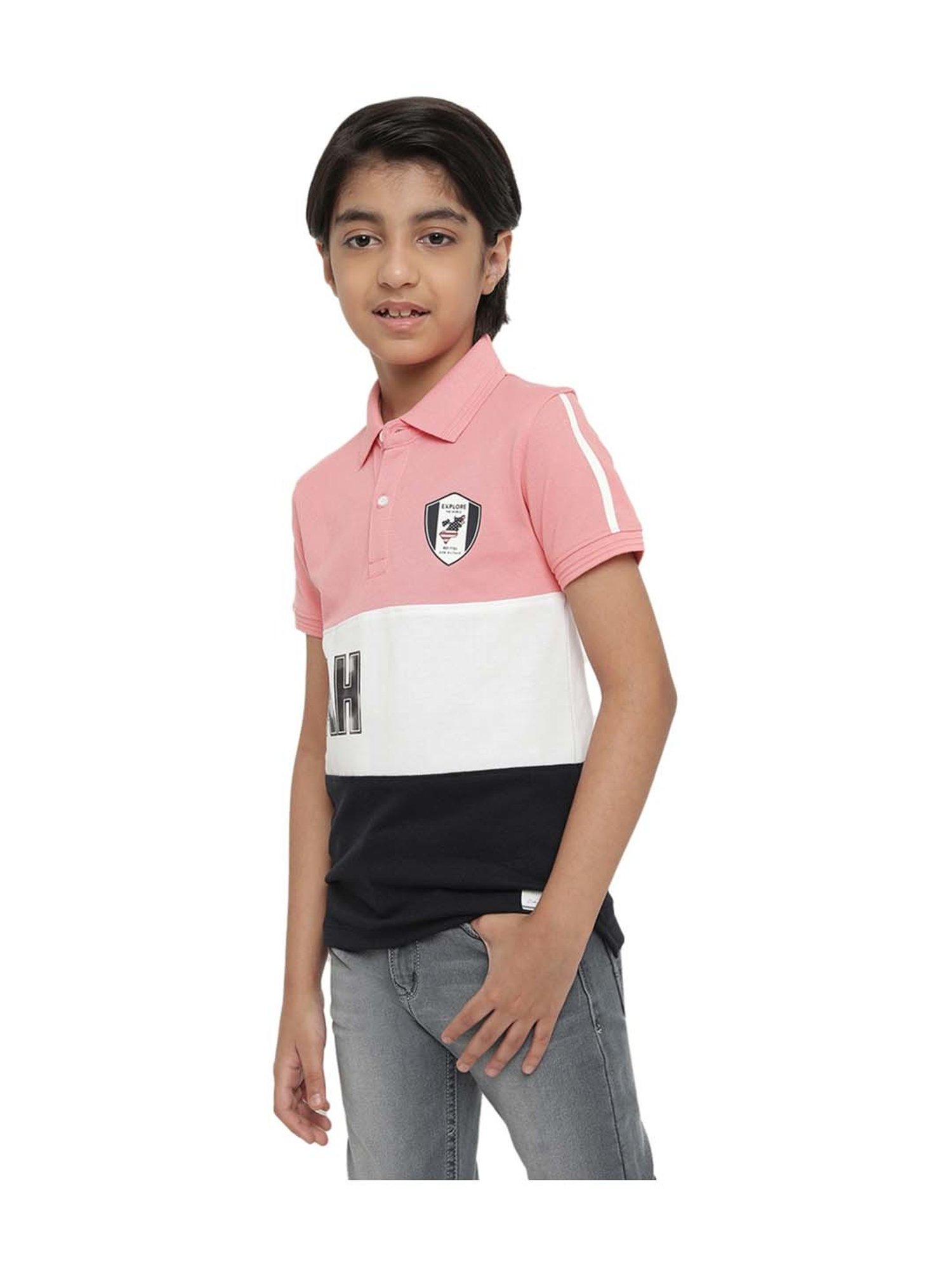 Octave Kids English Rose Pink & White Cotton Printed Polo T-Shirt