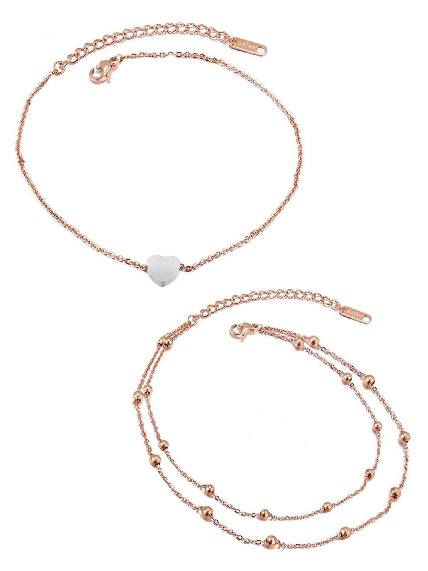 OOMPH Gold Tone Heart & Beads Multi Layer Fashion Anklet Pack of 2