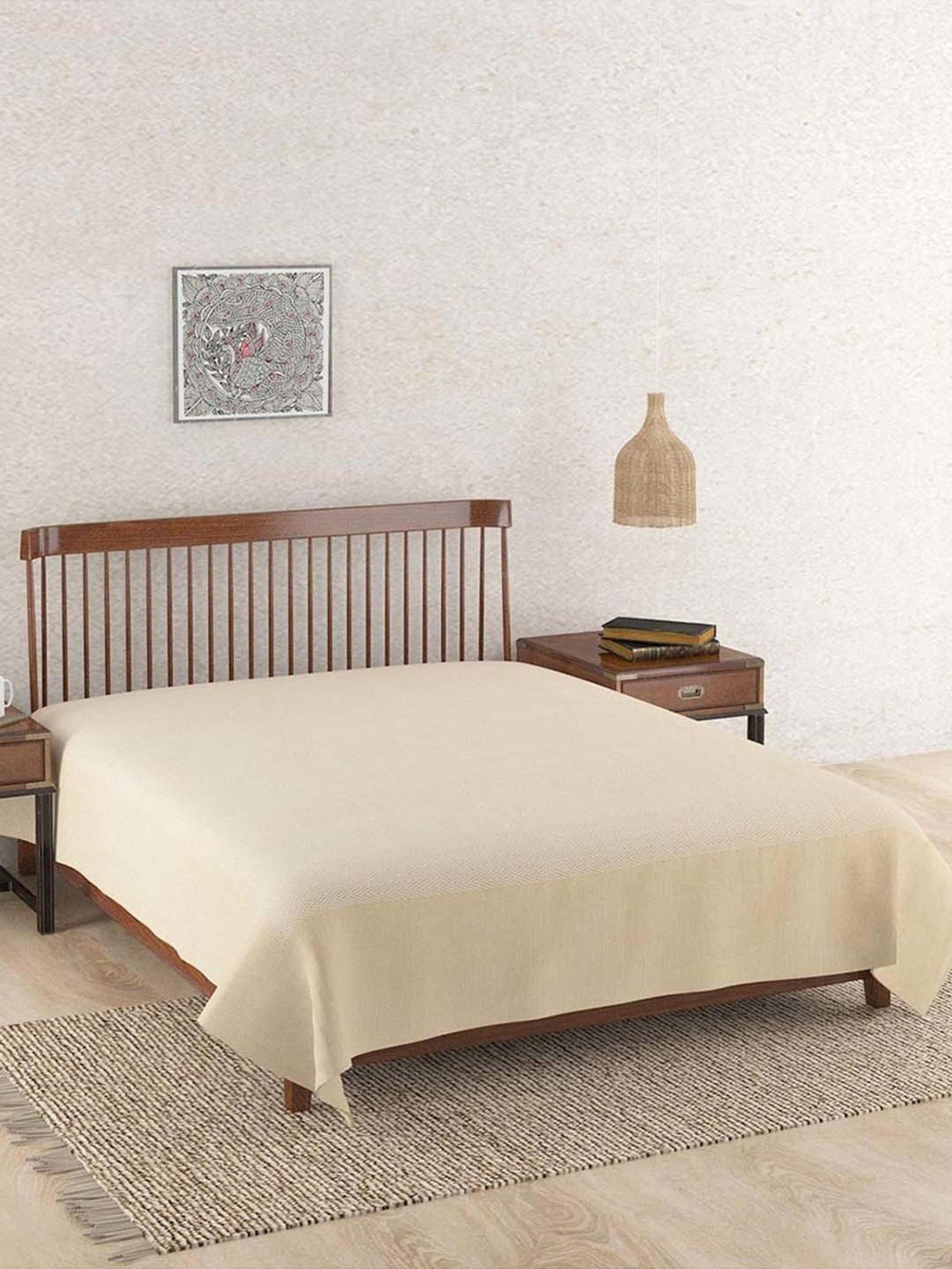 Fabindia Home Azig Beige Cotton 120 TC Double Bed Cover