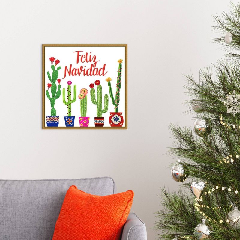 16" x 16" Navidad Tropical I Christmas Cactus by Grace Popp Framed Canvas Wall Art - Amanti Art
