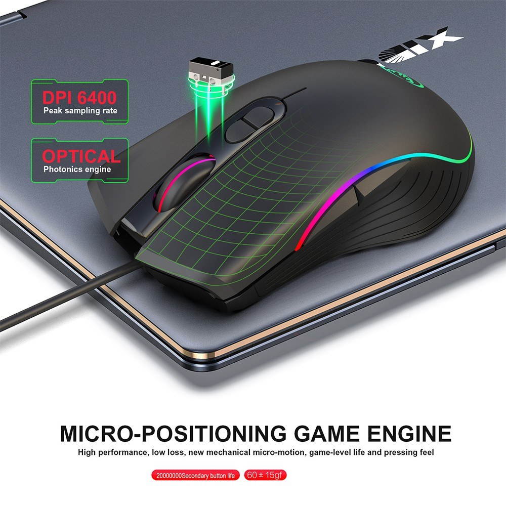 HXSJ Wired Gaming Mouse DPI6400 Optical Mice RGB Backlit Office Mouse 7 Buttons Ergonomic Design