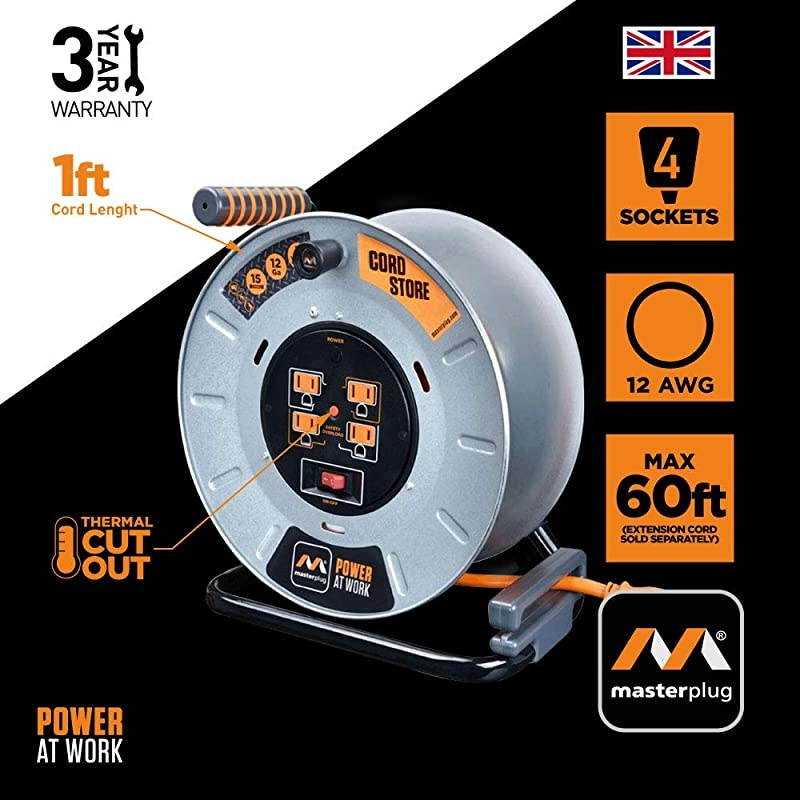 Heavy Duty Metal Cord Reel with 4120V 15amp Integrated Outlets and 12 Gauge High Visibility Cord 1ft Cord Store