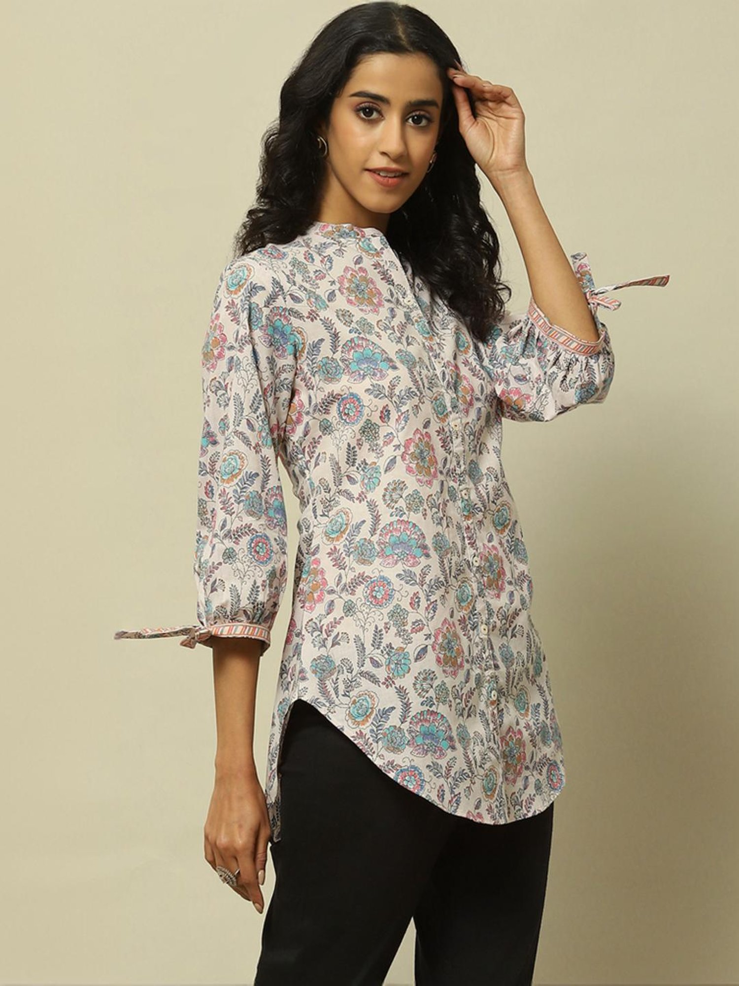 Rangriti Beige Cotton Printed Tunic