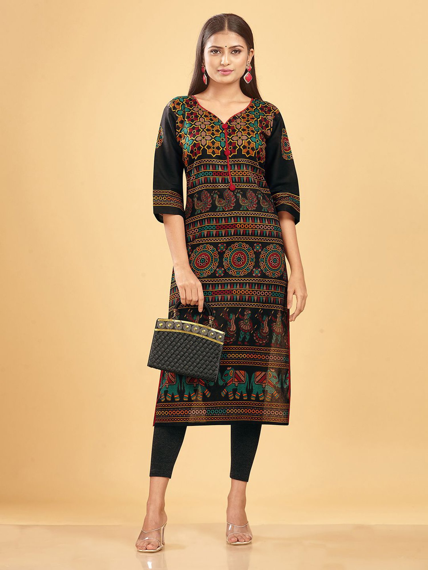 SHANVIKA Black Printed Cotton Straight Kurta