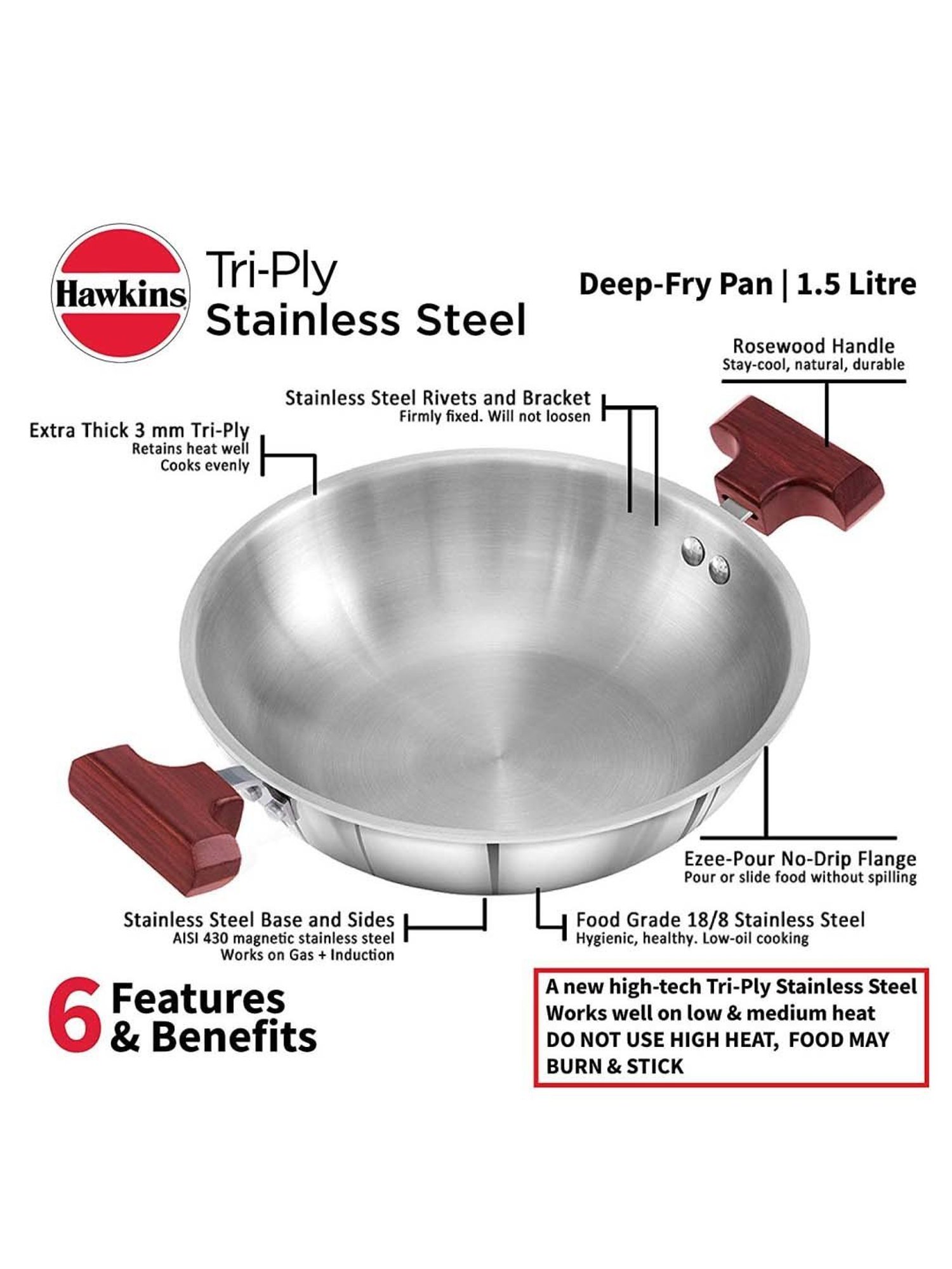 Hawkins Silver Stainless Steel 22.03 cm Gas & Induction Compatible Kadai (1.5 L)