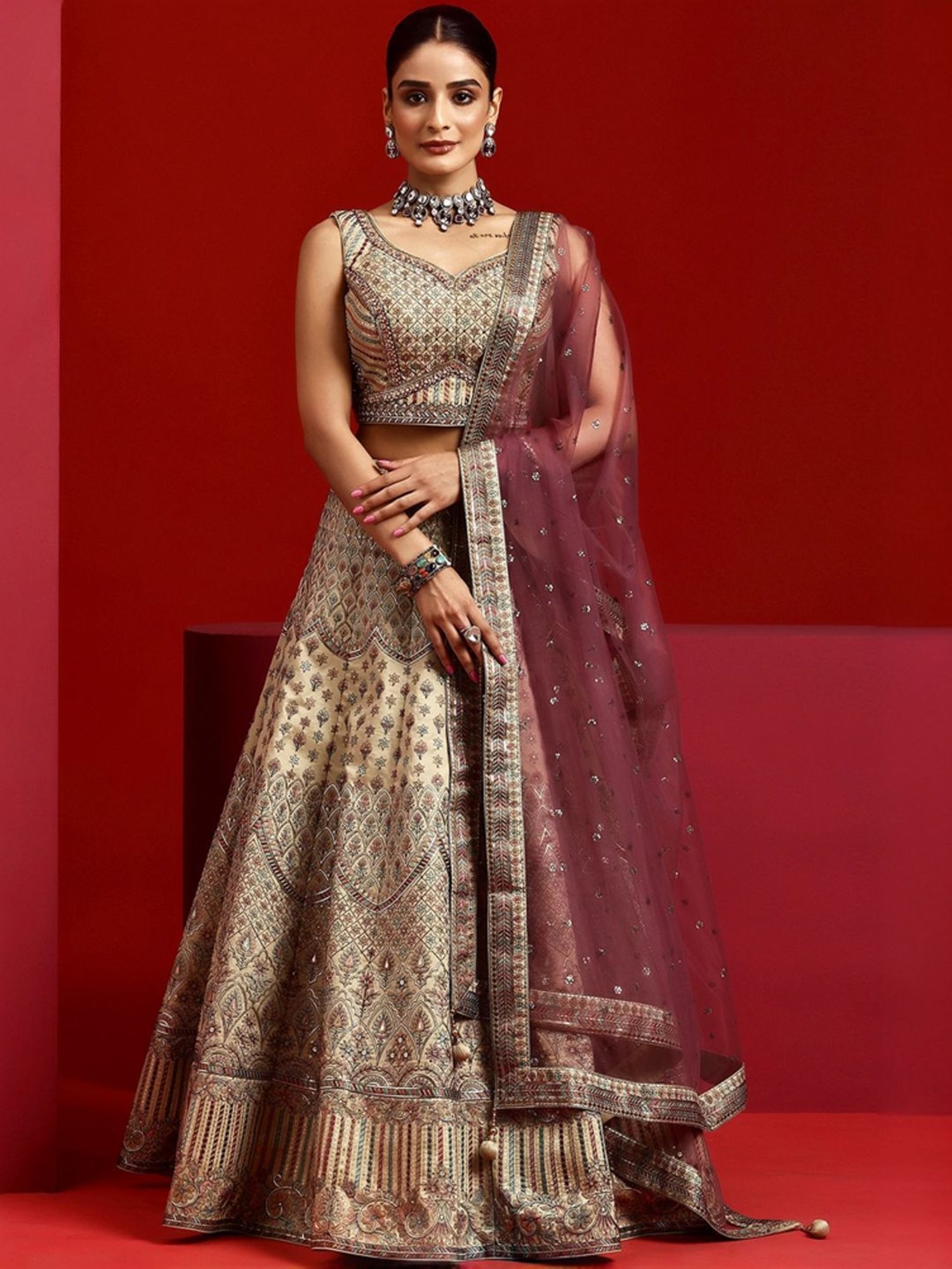 Silk Land Beige & Blue Woven Pattern Semi Stitched Lehenga Choli Set With Duppata