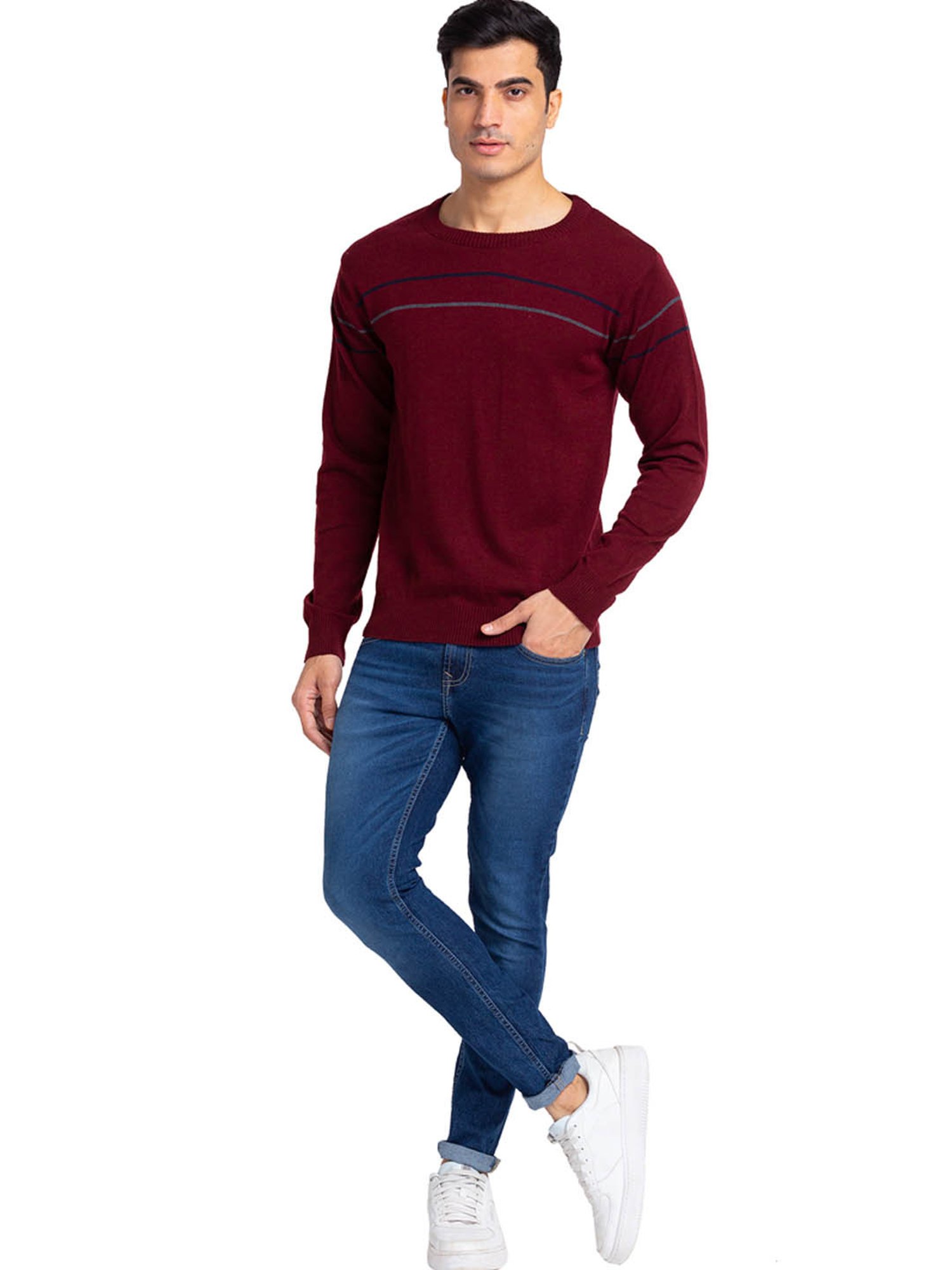 Raymond Maroon Regular Fit Striped Sweater