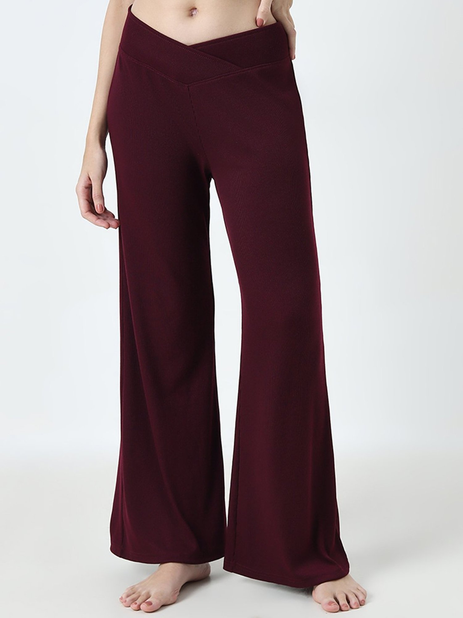 Superstar by Westside Burgundy Ribbed Textured Mid-Rise Pants