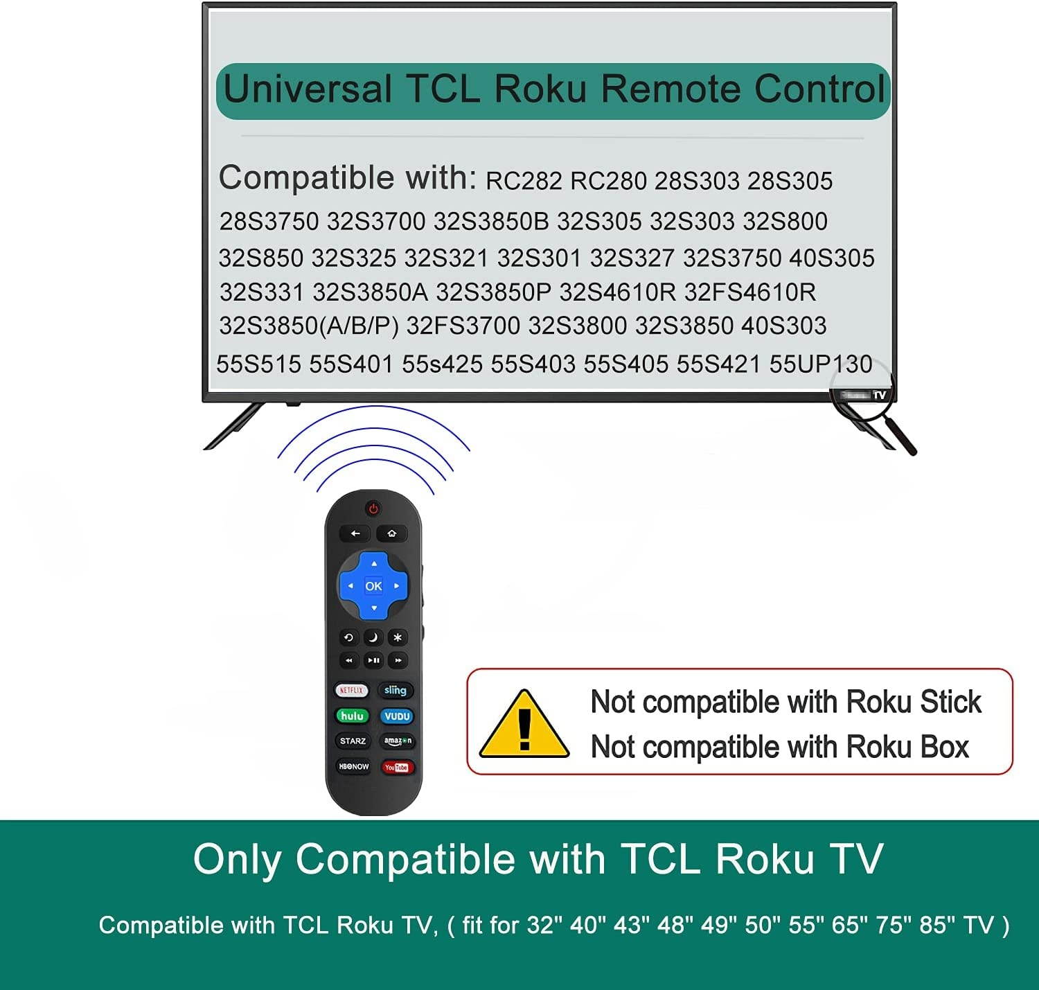 Motiexic Universal Remote Control Compatible with All TCL Roku TV, 2020 Update Version with 8 Channel Shortcut Keys, 50S425 40S325 43S425 65S425 32S30132S325 65S405 32S305 ect. (Included Battery)