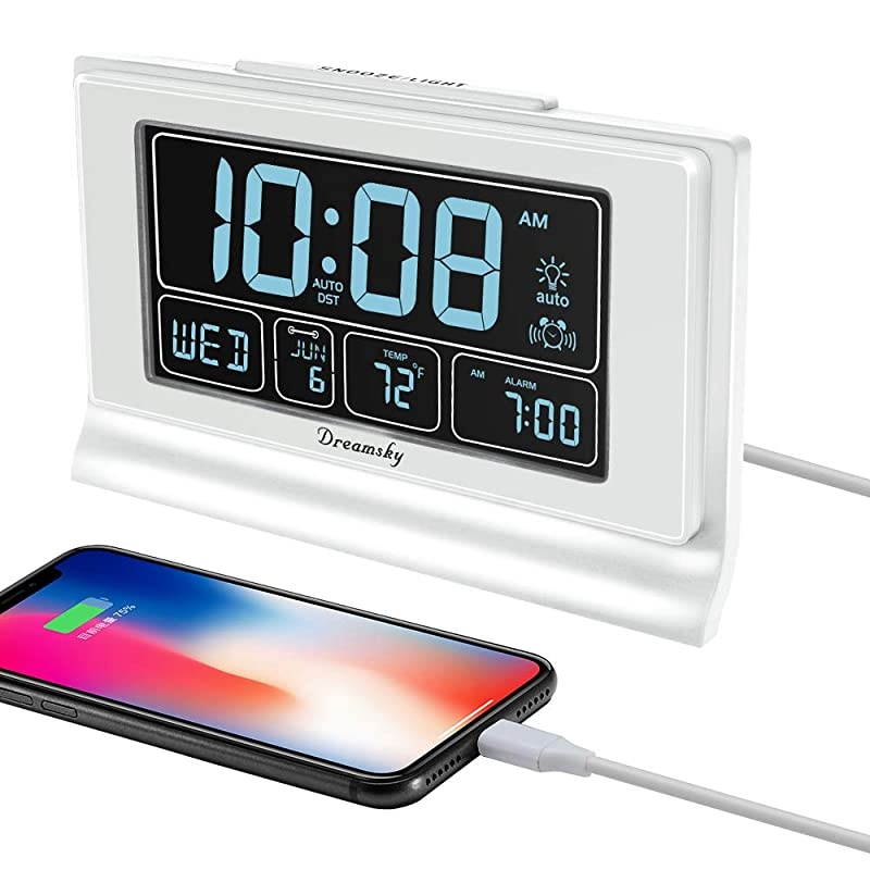 Auto Set Digital Alarm Clock with USB Charging Port 66 Inches Large Screen with TimeDateTemperature Display Full Range Brightness Dimmer Auto DST Setting Snooze White