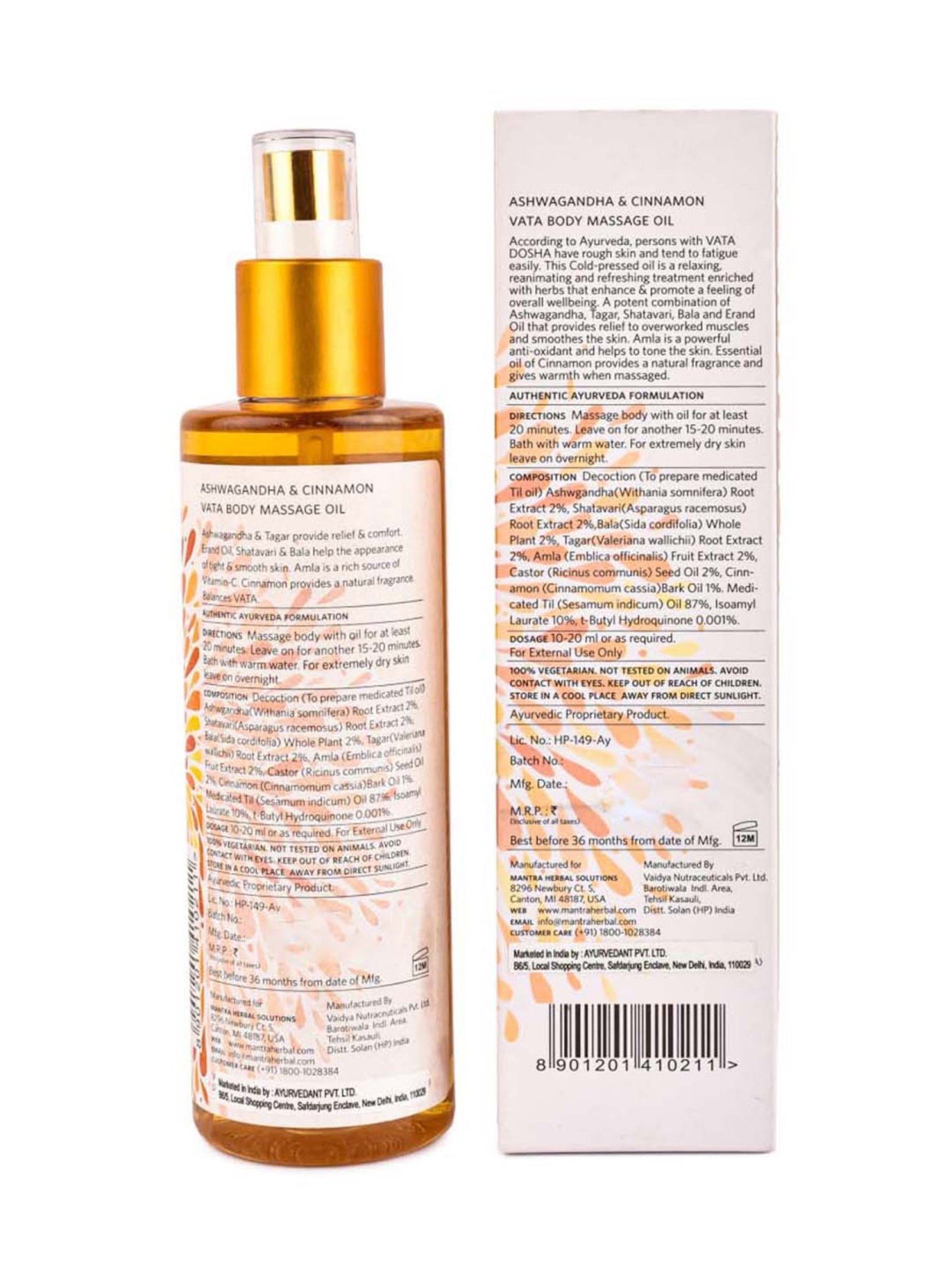 Mantra Herbal Ashwagandha and Cinnamon Vata Body Massage Oil - 250 ml