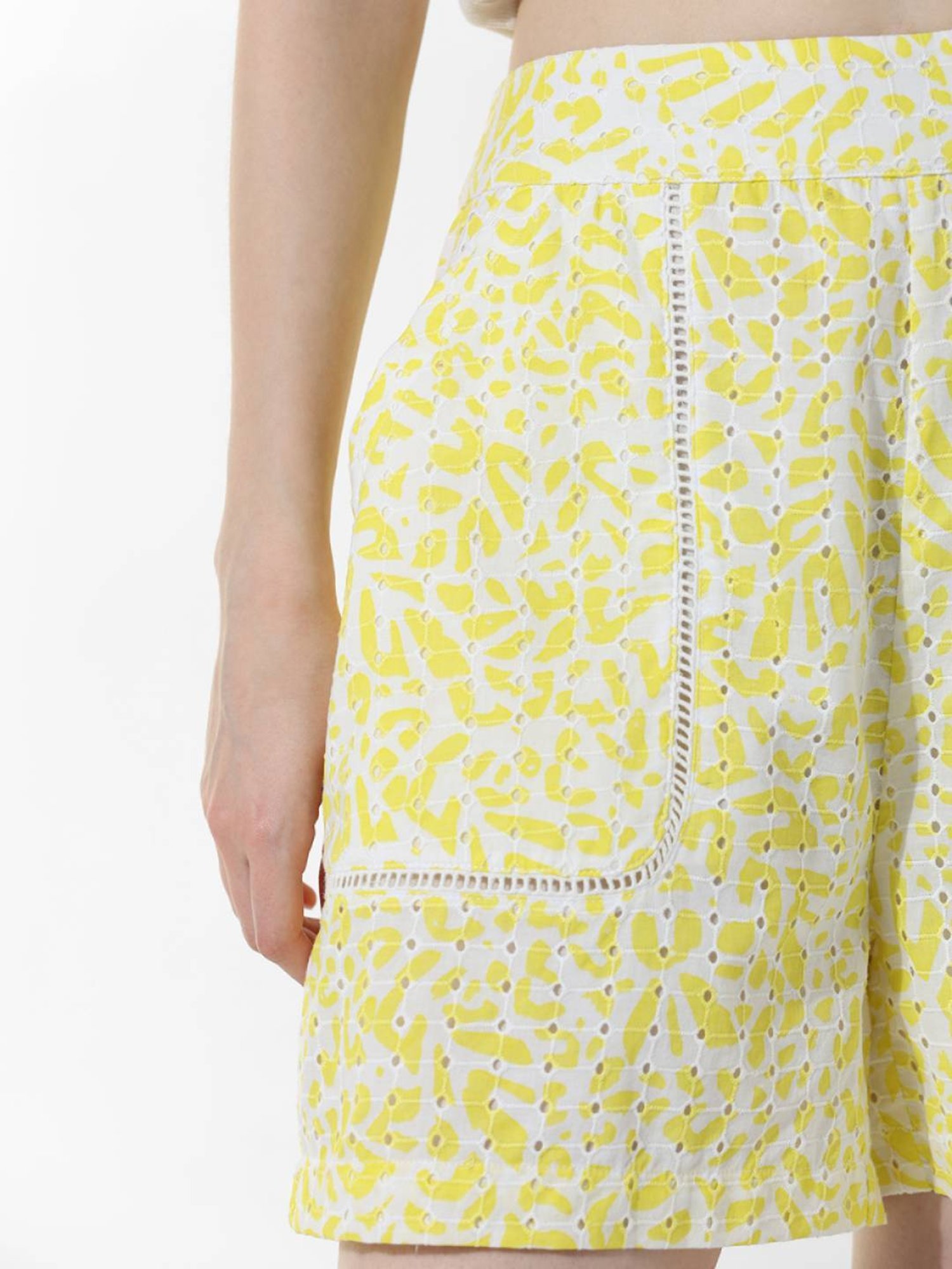 Only Yellow and White Cotton Self Design High rise Shorts