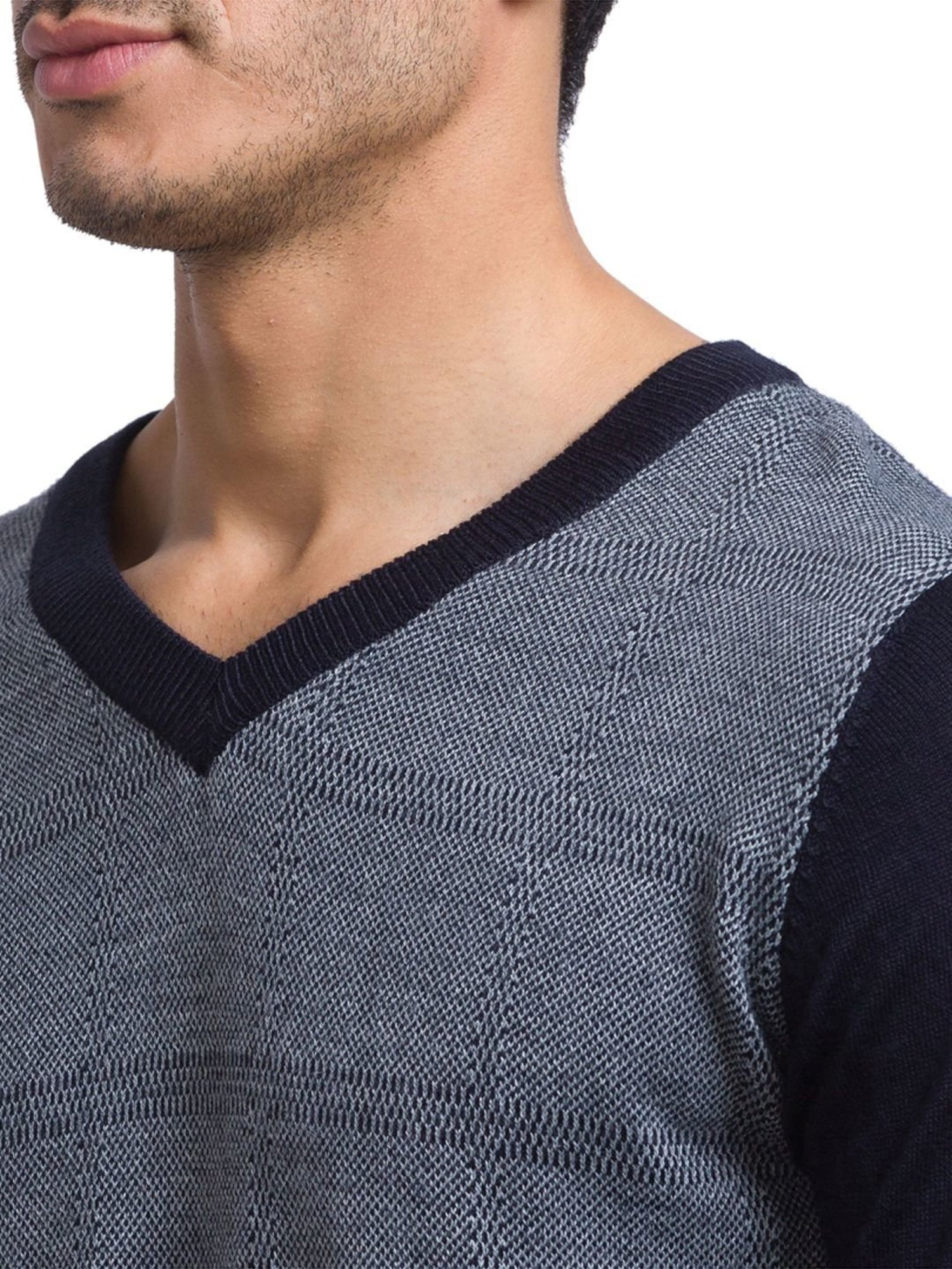 Parx Blue & Grey Regular Fit Color-Block Sweater