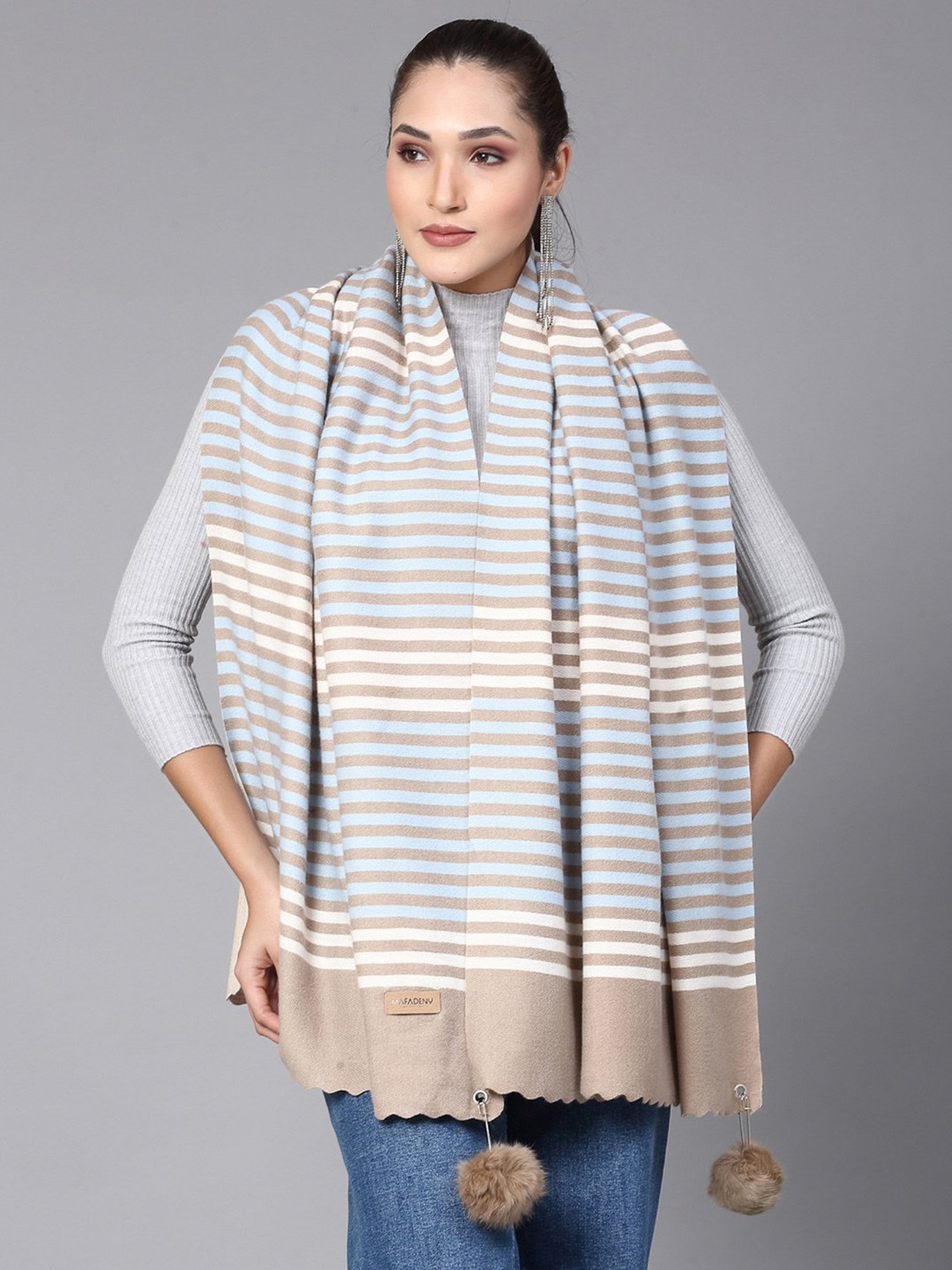 Mafadeny Khaki & Blue Striped Stole
