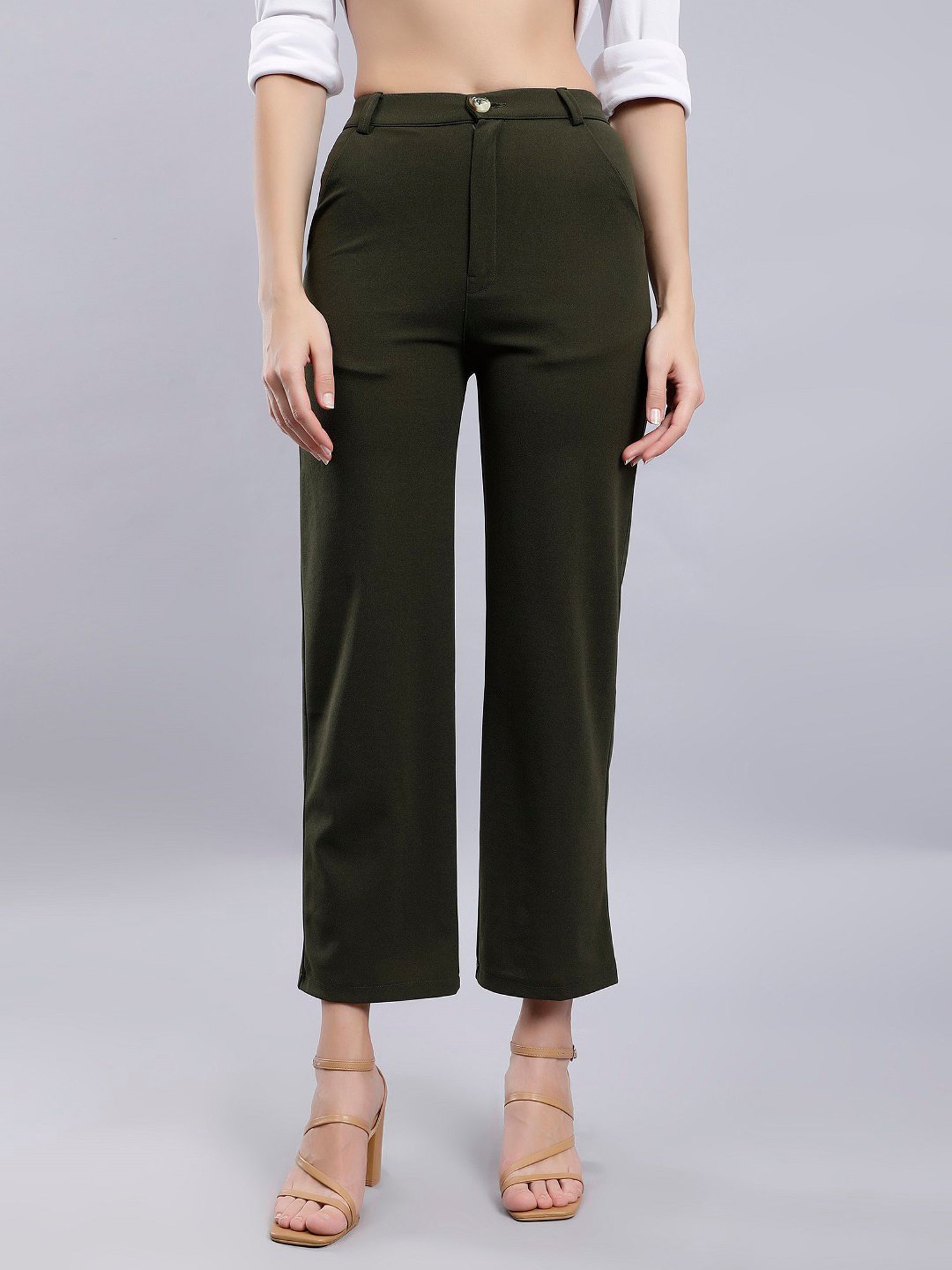 Anvi Be Yourself Olive Straight Fit Mid Rise Trousers