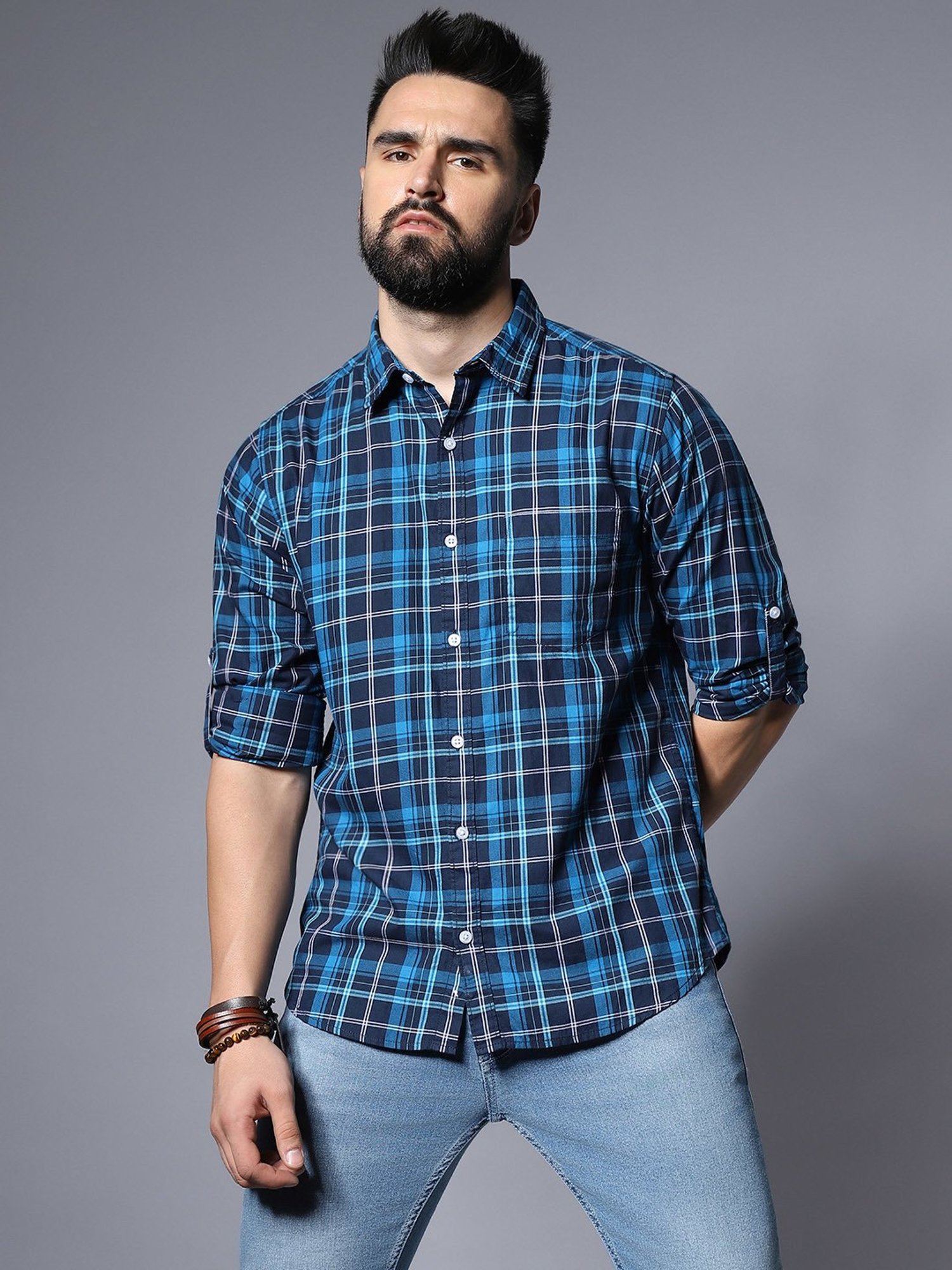 High Star Blue Relaxed Fit Checks Shirt