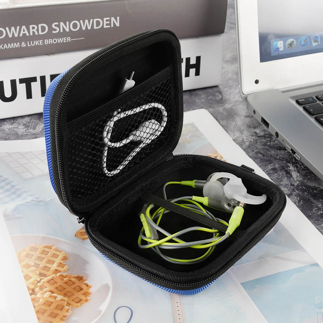 Geekria UltraShell Case for Bowers & Wilkins, Beyerdynamic, Jabra Headphones, Replacement Protective Hard Shell Travel Carrying Bag with Accessories Storage (Blue)