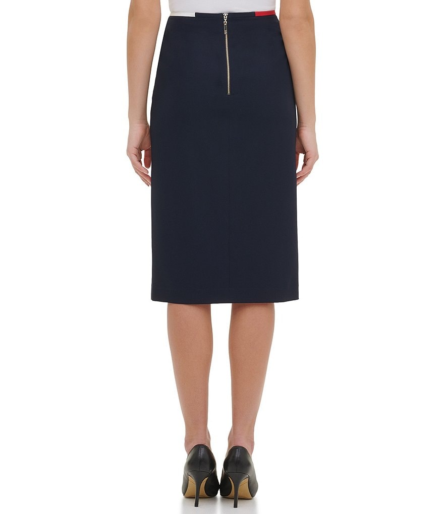 Tommy Hilfiger Front Slit Twill Contrast Waist Piping Pencil Skirt