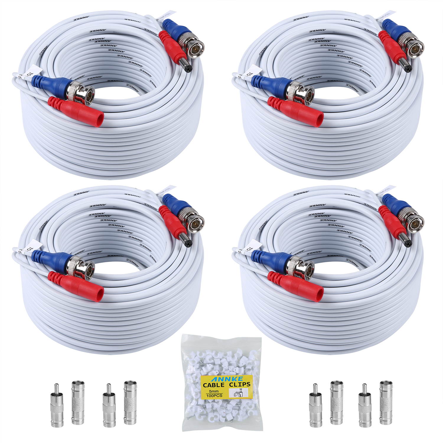 ANNKE (4) 30M/ 100ft All-in-One BNC Video Power Cables, BNC Extension Wire Cord for CCTV Camera DVR Security System (4-Pack, White)