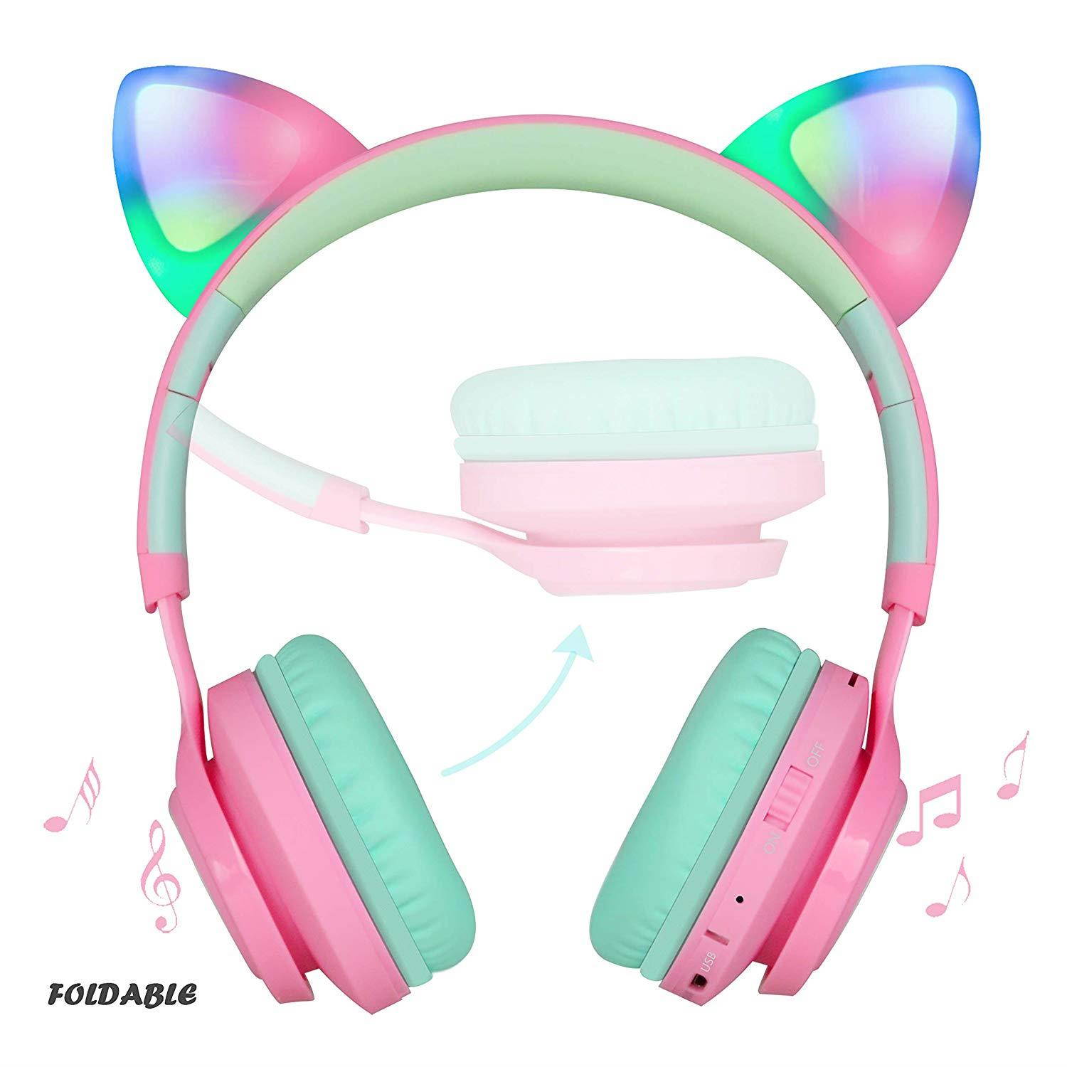 Riwbox Bluetooth Headphones, Riwbox CT-7 Cat Ear LED Light Up Wireless Foldable Headphones Over Ear Microphone Volume Control iPhone/iPad/Smartphones/Laptop/PC/TV (Pink&Green)