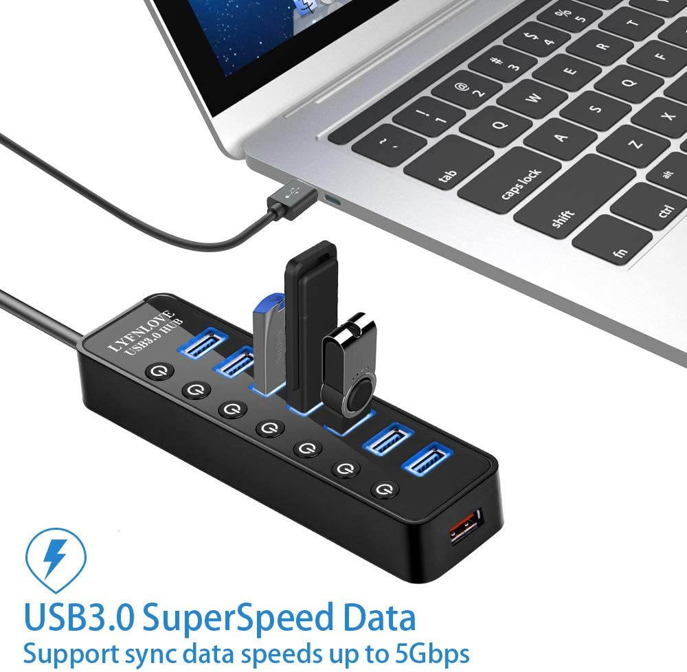 Powered USB 3.0 Hub, 7-Port Data USB Hub with Power Adapter and One Smart Charging Port, USB Splitter with Individual On/Off Switches for MacBook, Mac Pro/Mini, iMac, Surface Pro Laptop/PC