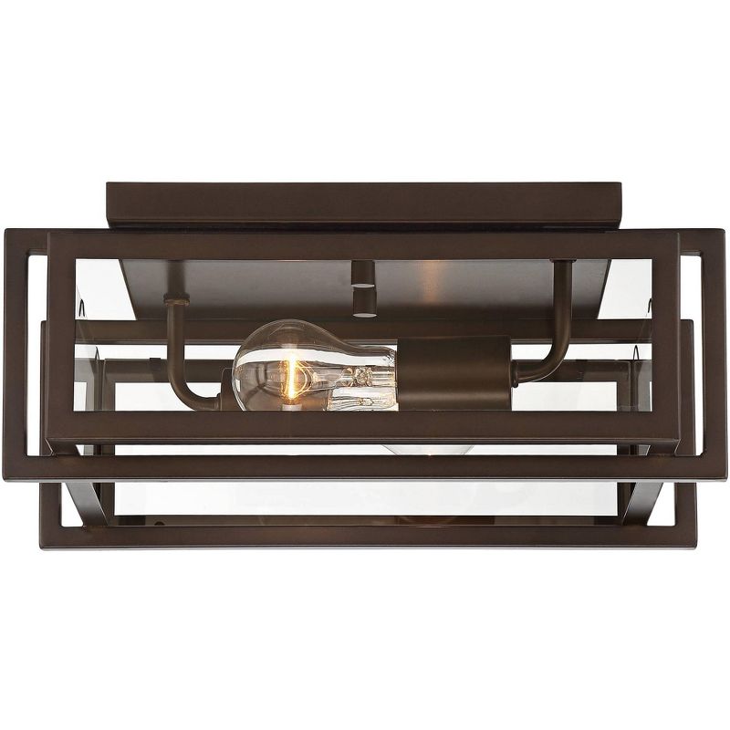 Franklin Iron Works Modern Industrial Ceiling Light Flush Mount Fixture Oiled Bronze 14" Wide 2-Light Clear Glass Bedroom Hallway