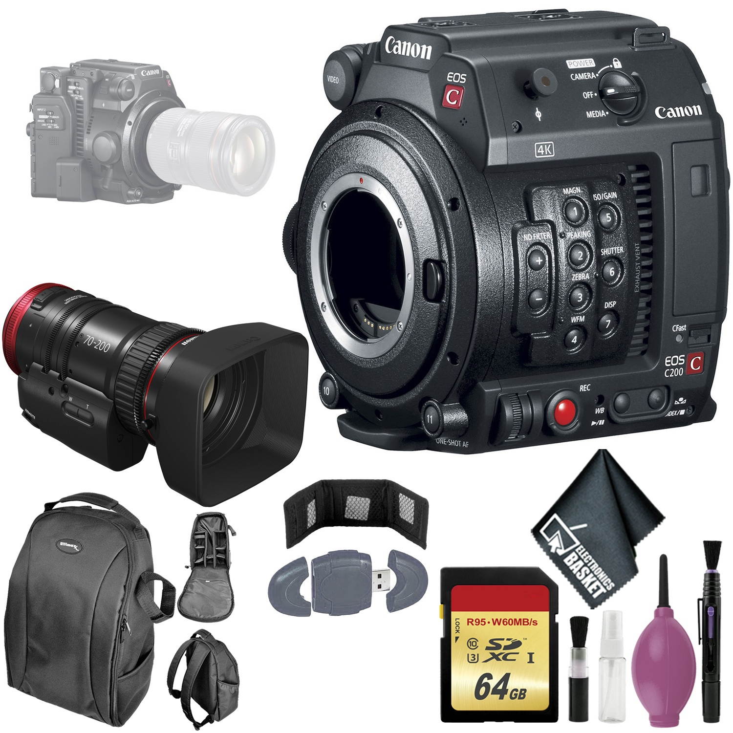 Canon EOS C200B Cinema Camera (Body) (EF-Mount) - 64GB - Reader - Case - CN-E 70-200mm T4.4 Compact-Servo Cine Zoom Lens + More