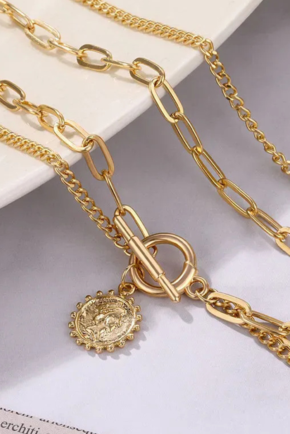 Gold Plated Vintage Carved Coin Pendant Link Chain Necklace