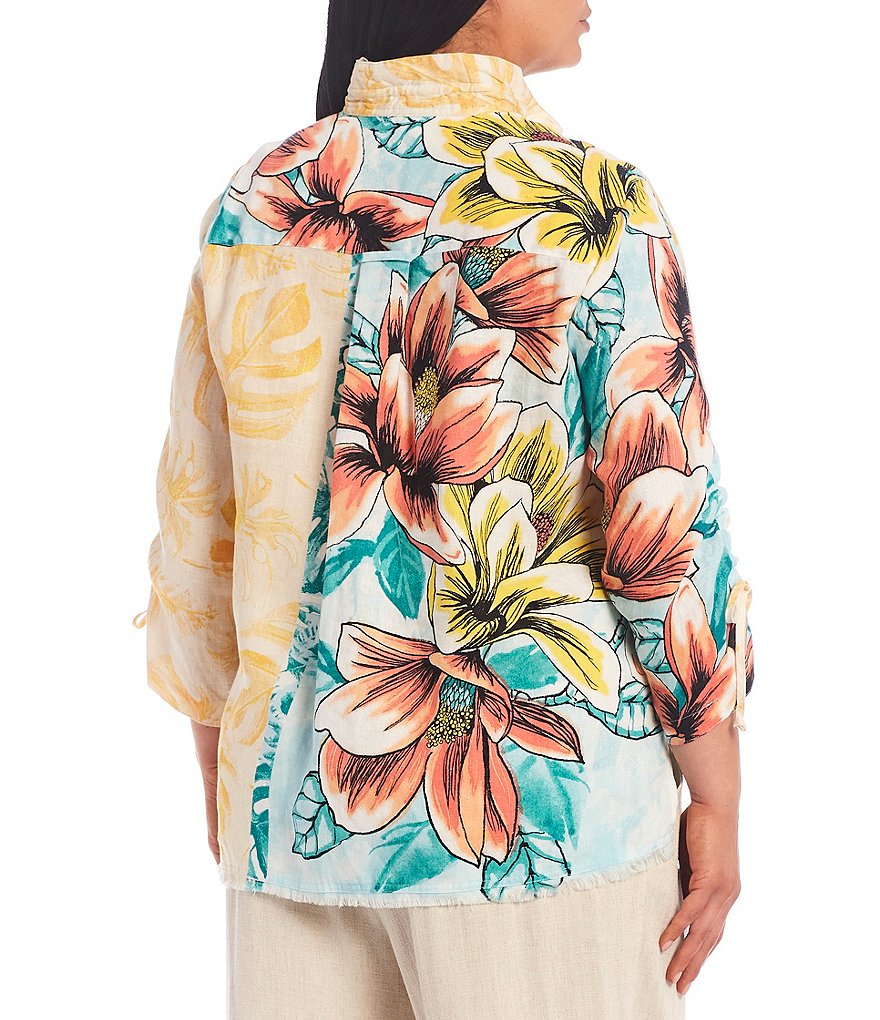 John Mark Plus Size Floral Print Point Collar Wire Neck Button Front Linen 3/4 Sleeve Blouse